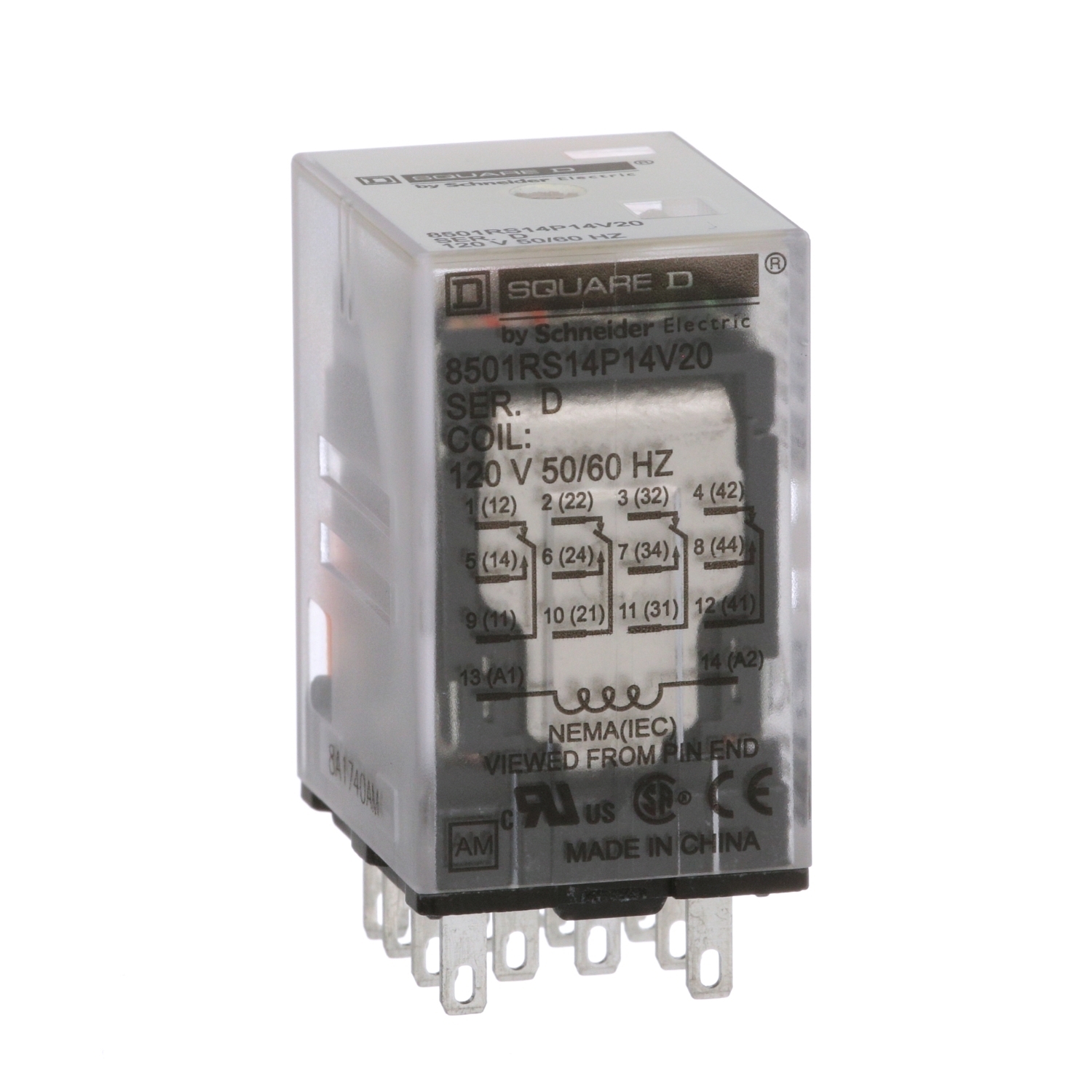 Miniature Relay, Harmony 8501R, low voltage, 4PDT, green LED, socket mounting, 120V AC, 4NO+ 4NC