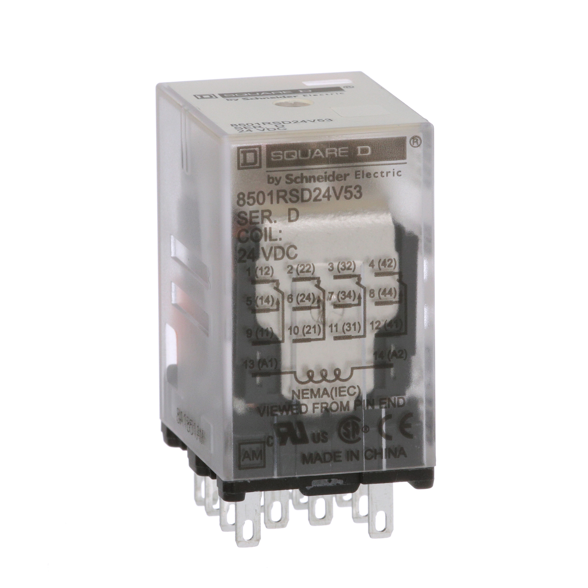 Plug in relay, Type R, miniature, 0.167 HP at 120 VAC, 3A resistive at 277 VAC, 14 blade, 4PDT, 4 NO, 4 NC, 24 VDC coil