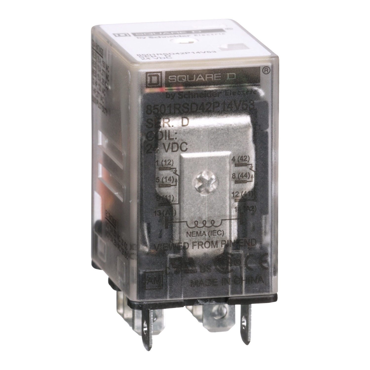 Miniature Relay, Harmony 8501R, DPDT, 8 blades, coil, green, LED, 15A resistive at 120V AC, 1HP at 277V AC, 24V DC, 2NO + 2NC