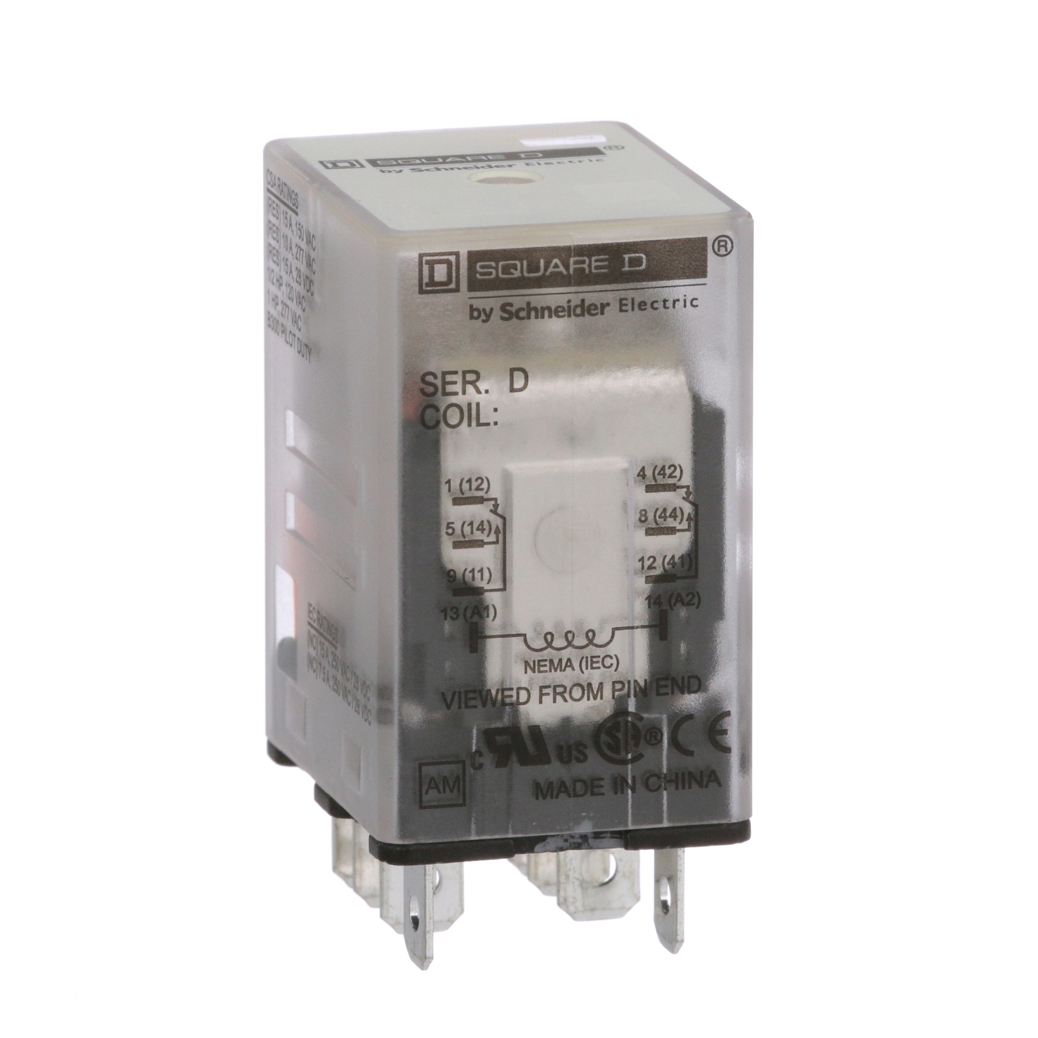 Plug in relay, Type R, miniature, 1 HP at 277 VAC, 15A resistive at 120 VAC, 8 blade, DPDT, 2 NO, 2 NC, 24 VDC coil