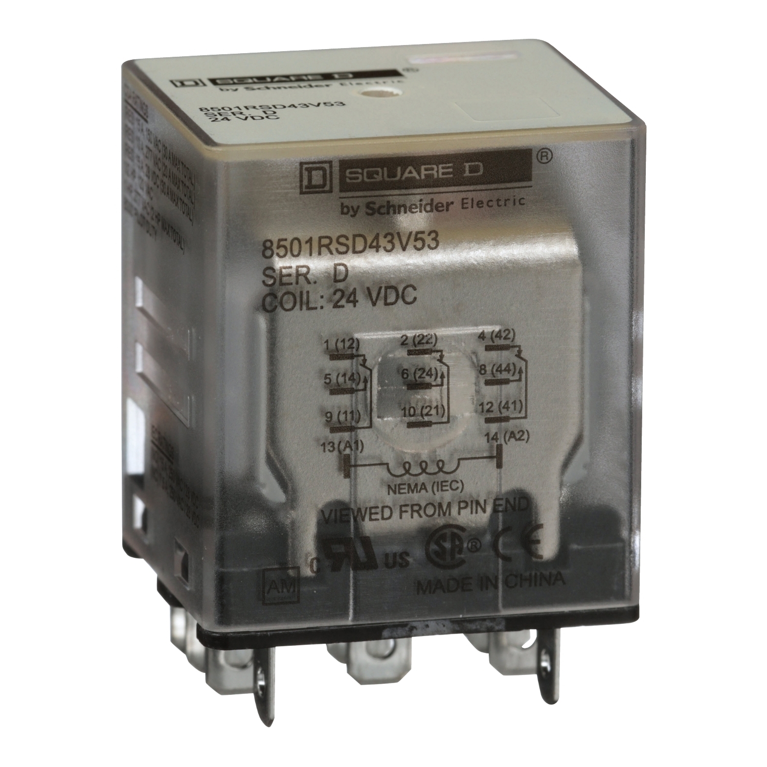 Plug in relay, Type R, miniature, 1 HP at 277 VAC, 15A resistive at 120 VAC, 11 blade, 3PDT, 3 NO, 3 NC, 24 VDC coil