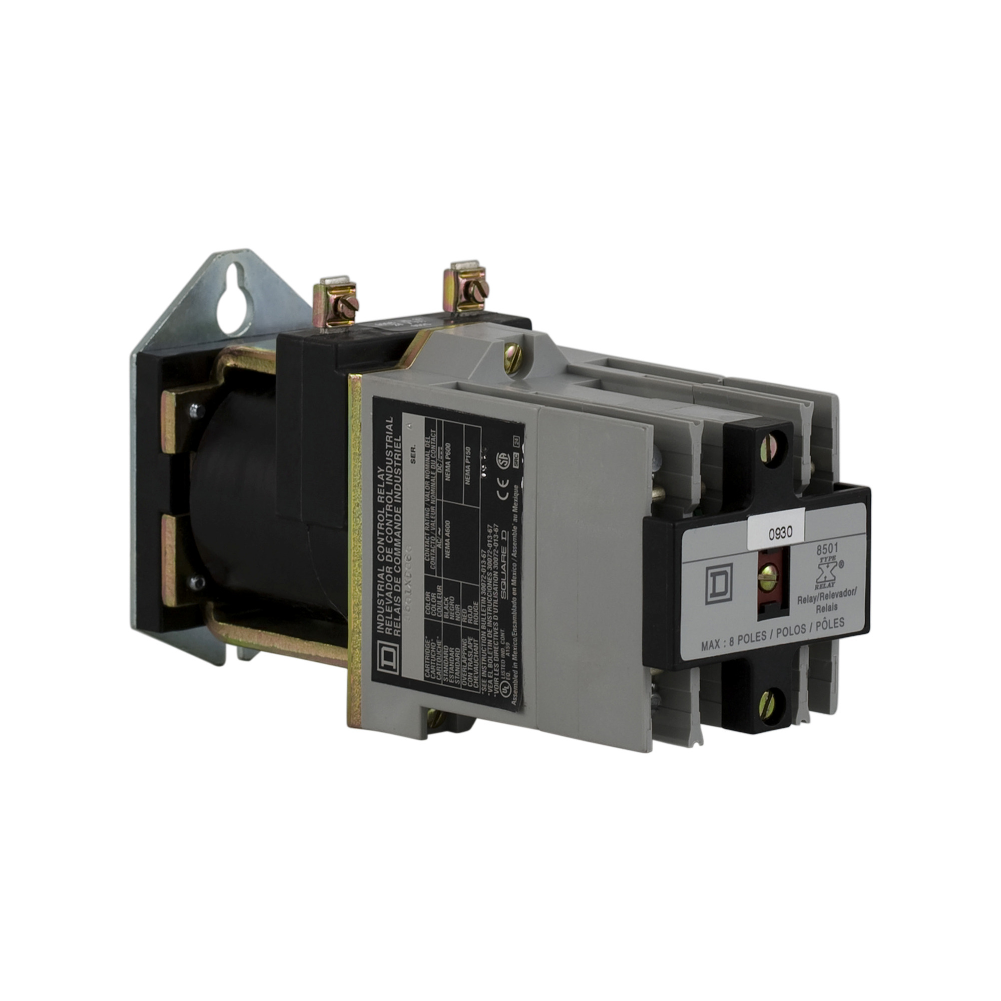 NEMA Control Relay, Type X, latching, 10A resistive at 600 VAC, 8 normally open contacts, 115/125 VDC coil