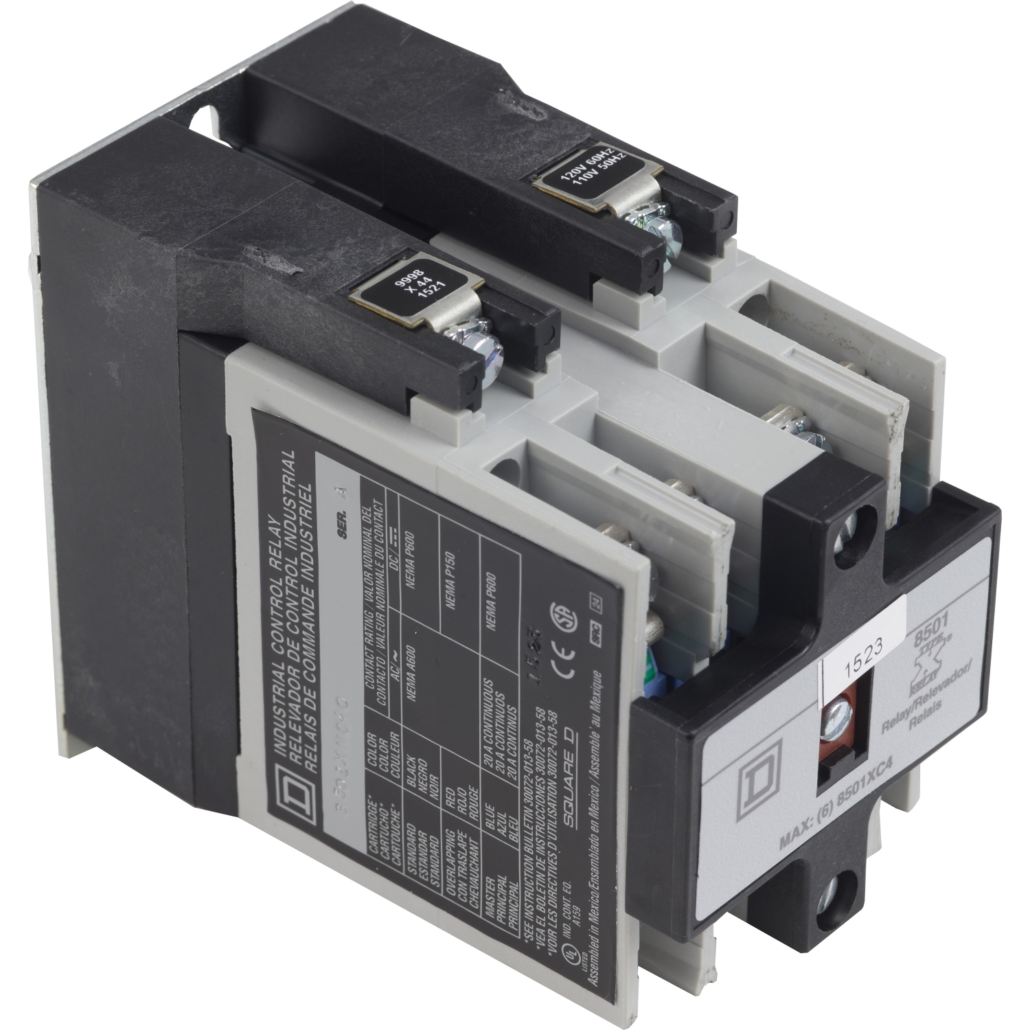 Relay, Harmony 8501X, master, coil, screw clamp terminals, 10A resistive at 600V AC, 110/120V AC 50/60Hz, 4NO