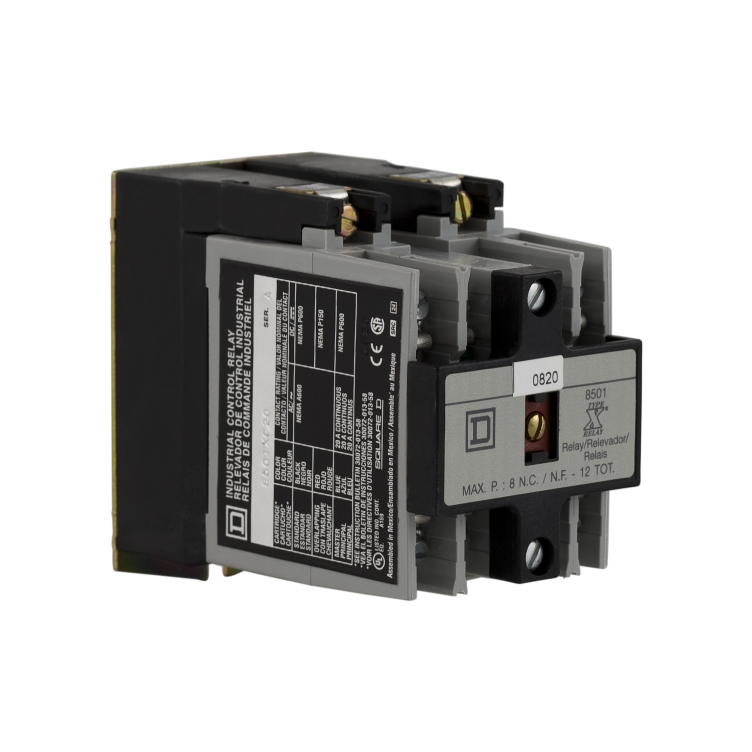 NEMA Control Relay, Type X, timing, 1 minute off delay, 10A resistive at 600 VAC, 2 normally open, 120 VAC 60 Hz coil
