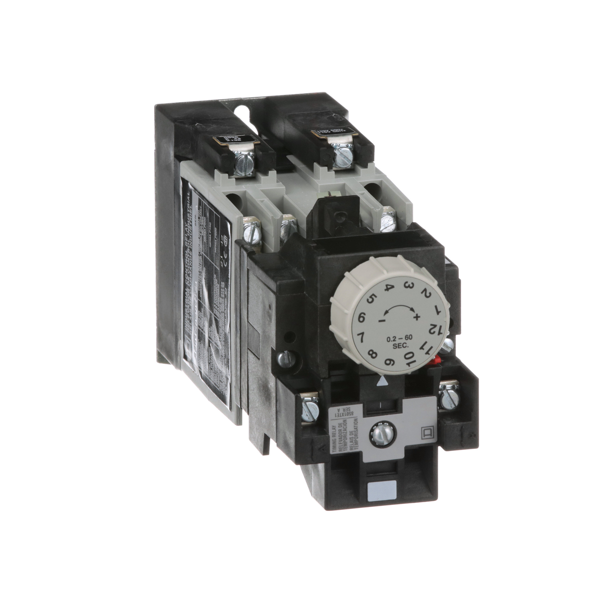 NEMA Control Relay, Type X, timing, 1 minute on delay, 10A resistive at 600 VAC, 2 normally open, 120 VAC 60 Hz coil