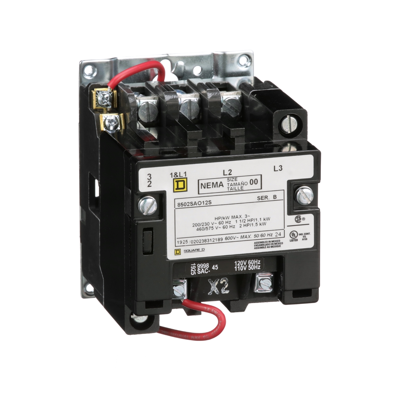 NEMA Contactor, Type S, nonreversing, Size 00, 9A, 3HP at 575VAC, 3 phase, up to 100kA, 3 pole, 120VAC coil, open [TAA]