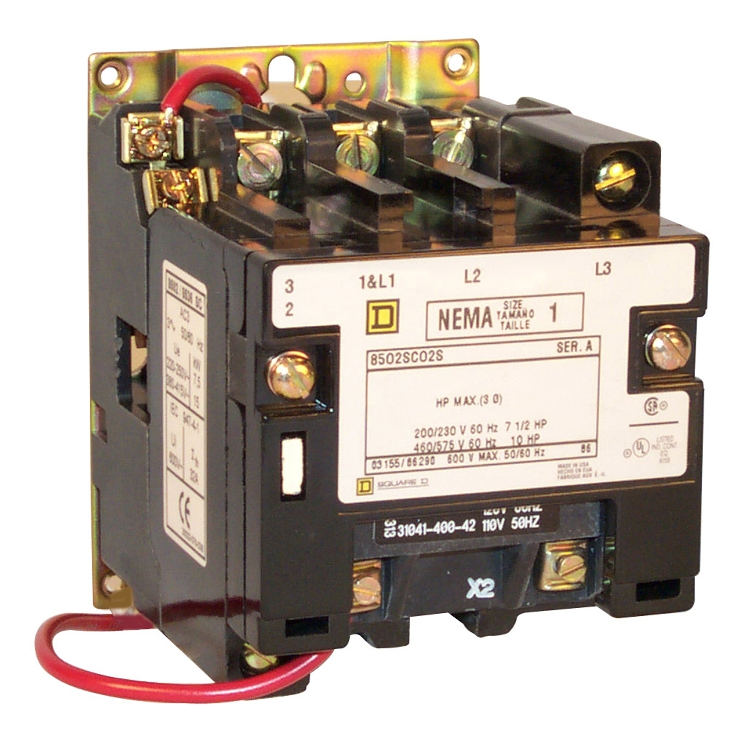 NEMA Contactor, Type S, nonreversing, Size 1, 27A, 10HP at 575VAC, 3 phase, up to 100kA, 3 pole, 480VAC coil, open [TAA]