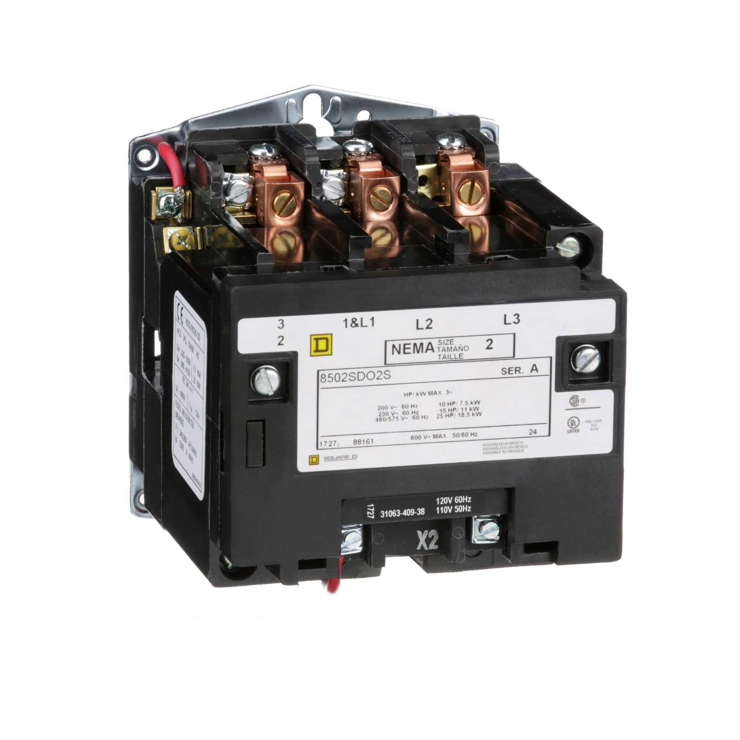 NEMA Contactor, Type S, nonreversing, Size 2, 45A, 25 HP at 575 VAC, 3 phase, up to 100 kA, 3 pole, 240 VAC coil, open [TAA]