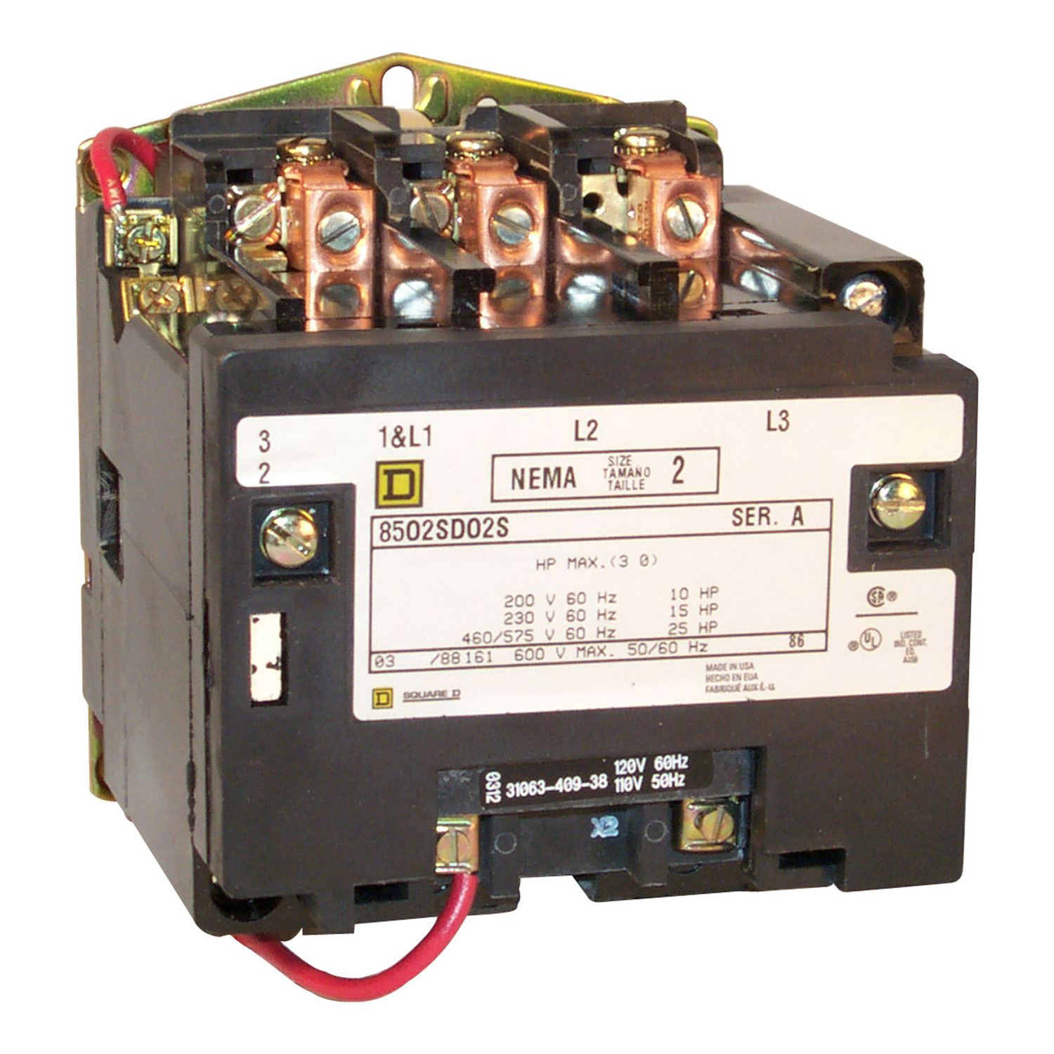 NEMA Contactor, Type S, nonreversing, Size 2, 45A, 25 HP at 575 VAC, 3 phase, up to 100 kA, 3 pole, 480 VAC coil, open [TAA]