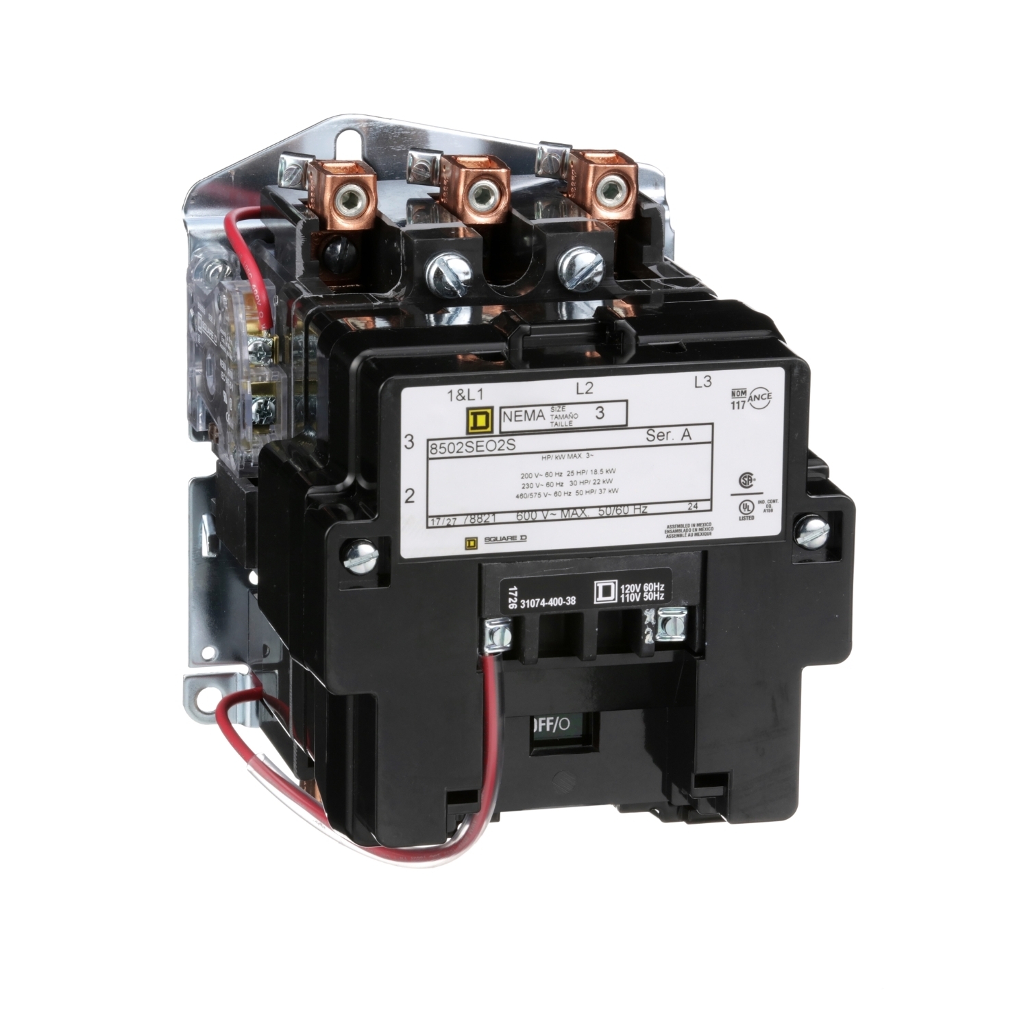 NEMA Contactor, Type S, nonreversing, Size 3, 90A, 50 HP at 575 VAC, 3 phase, up to 100 kA, 3 pole, 240 VAC coil, open [TAA]