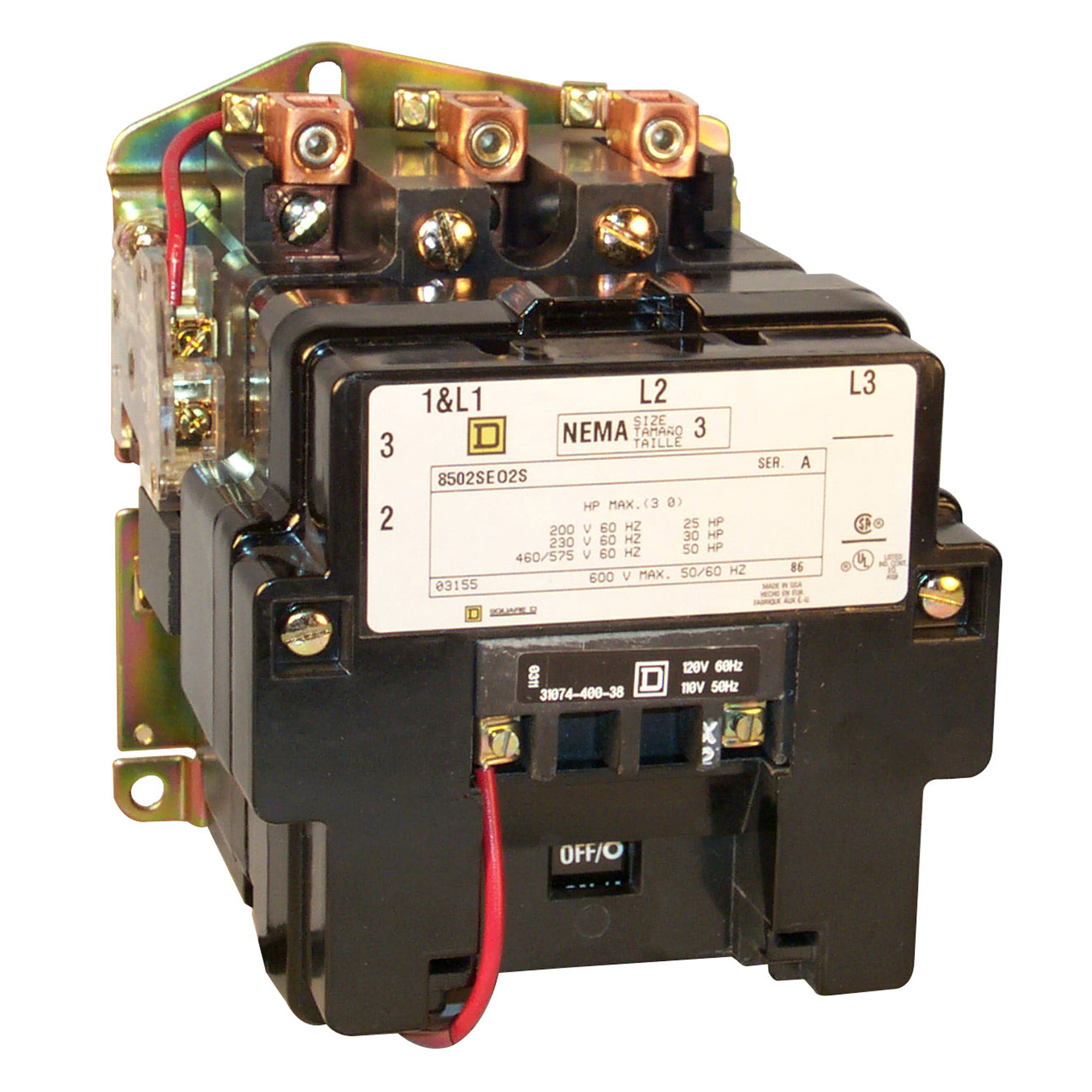 NEMA Contactor, Type S, nonreversing, Size 3, 90A, 50 HP at 575 VAC, 3 phase, up to 100 kA, 4 pole, 120 VAC coil, open