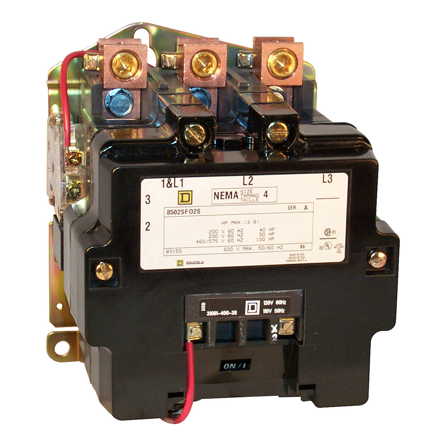 NEMA Contactor, Type S, nonreversing, Size 4, 135A, 100HP at 575VAC, 3 phase, up to 100kA, 3 pole, 480VAC coil, open [TAA]