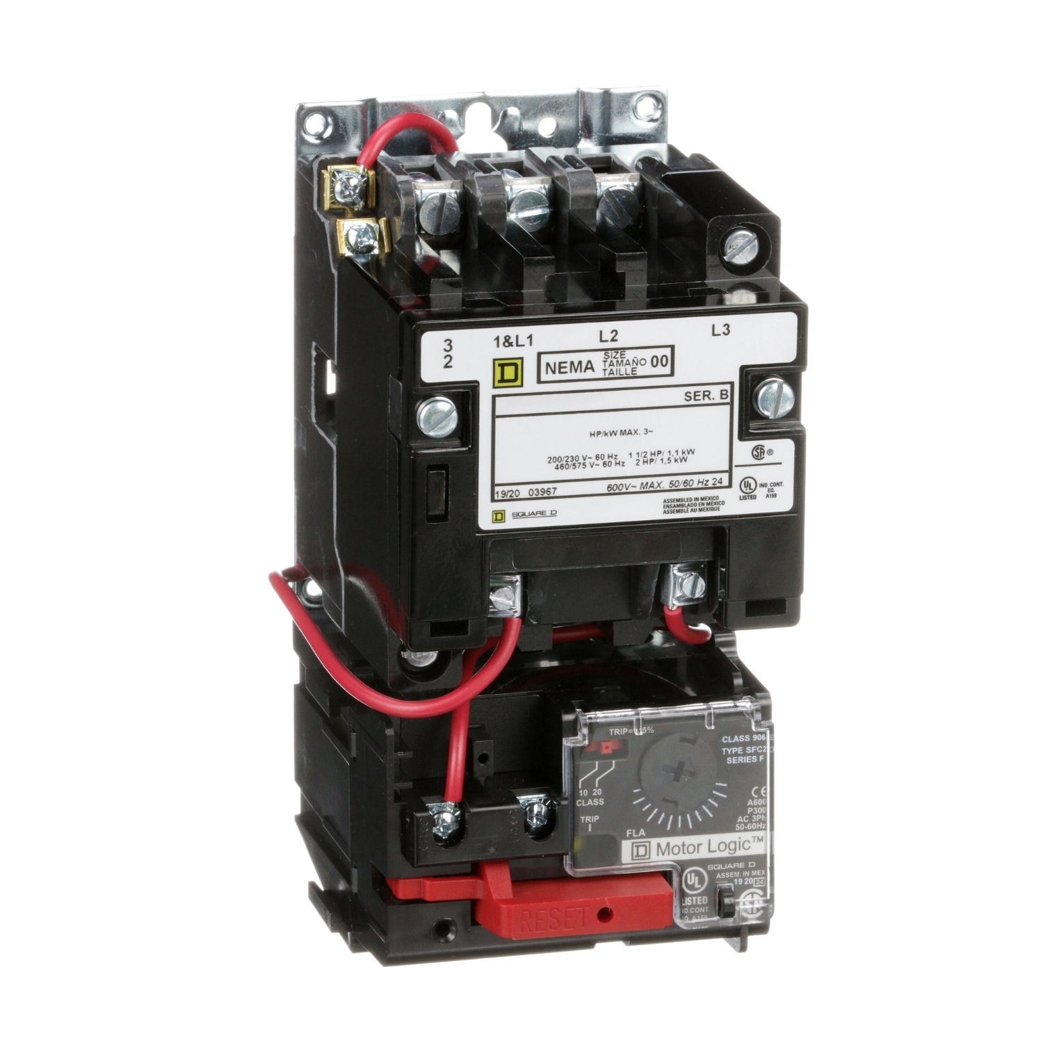 NEMA motor starter, Type S, nonreversing, Size 00, 9A, 2HP at 460VAC, up to 100kA SCCR, 3 phase, 3 pole, Motor Logic, 120VAC coil, open [TAA]