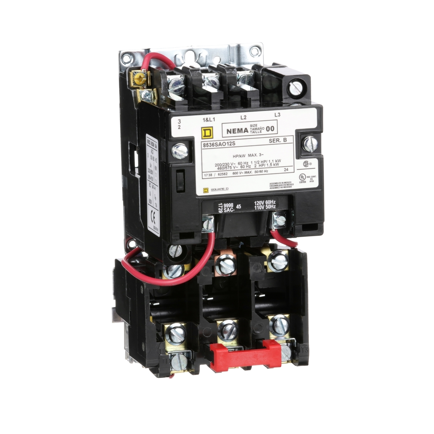 NEMA motor starter, Type S, nonreversing, Size 00, 9A, 2HP at 460VAC, 5kA SCCR, 3 phase, 3 pole, melting alloy, 120VAC coil, open [TAA]