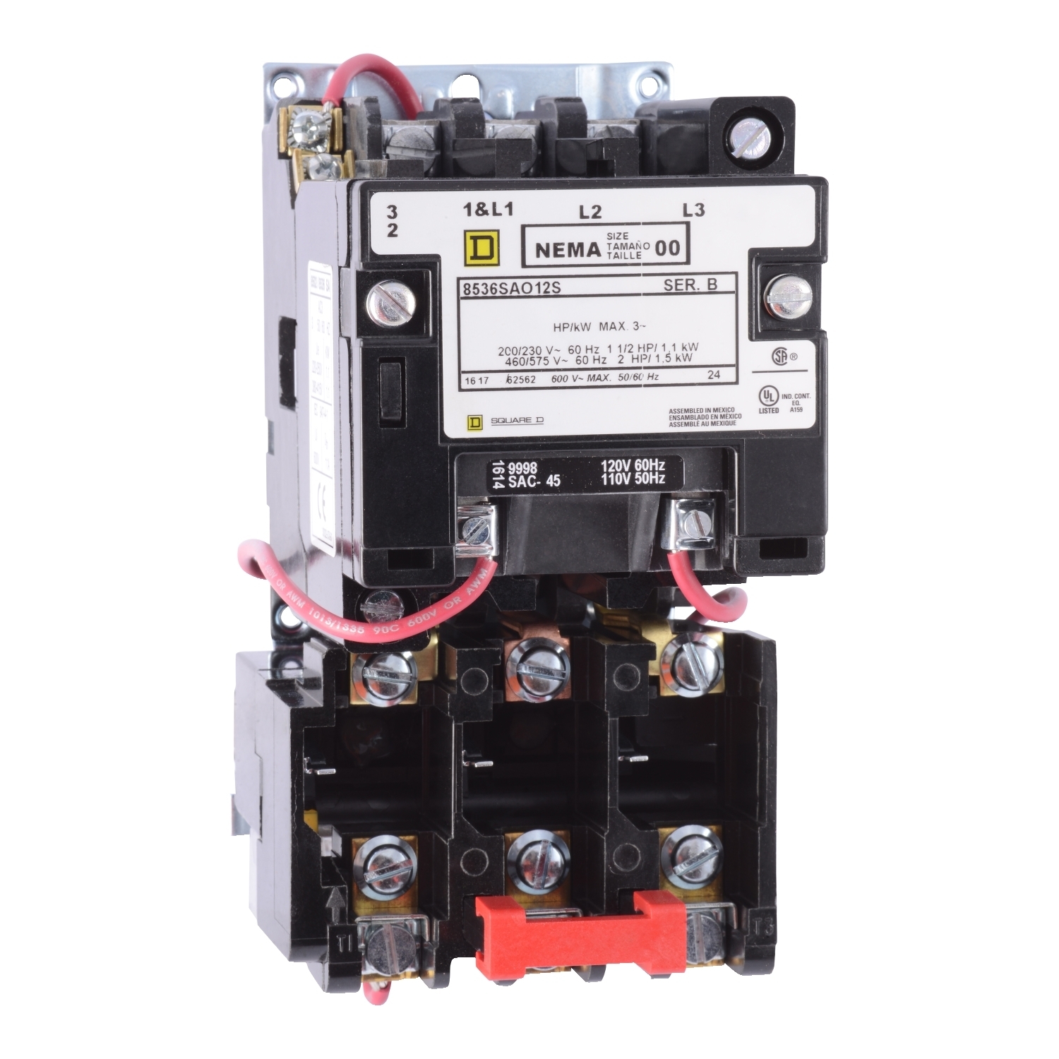 NEMA Motor Starter, Type S, nonreversing, Size 00, 9A, 2 HP at 460 VAC, 5 kA SCCR, 3 phase, 3 pole, melting alloy, 240 VAC coil, open [TAA]
