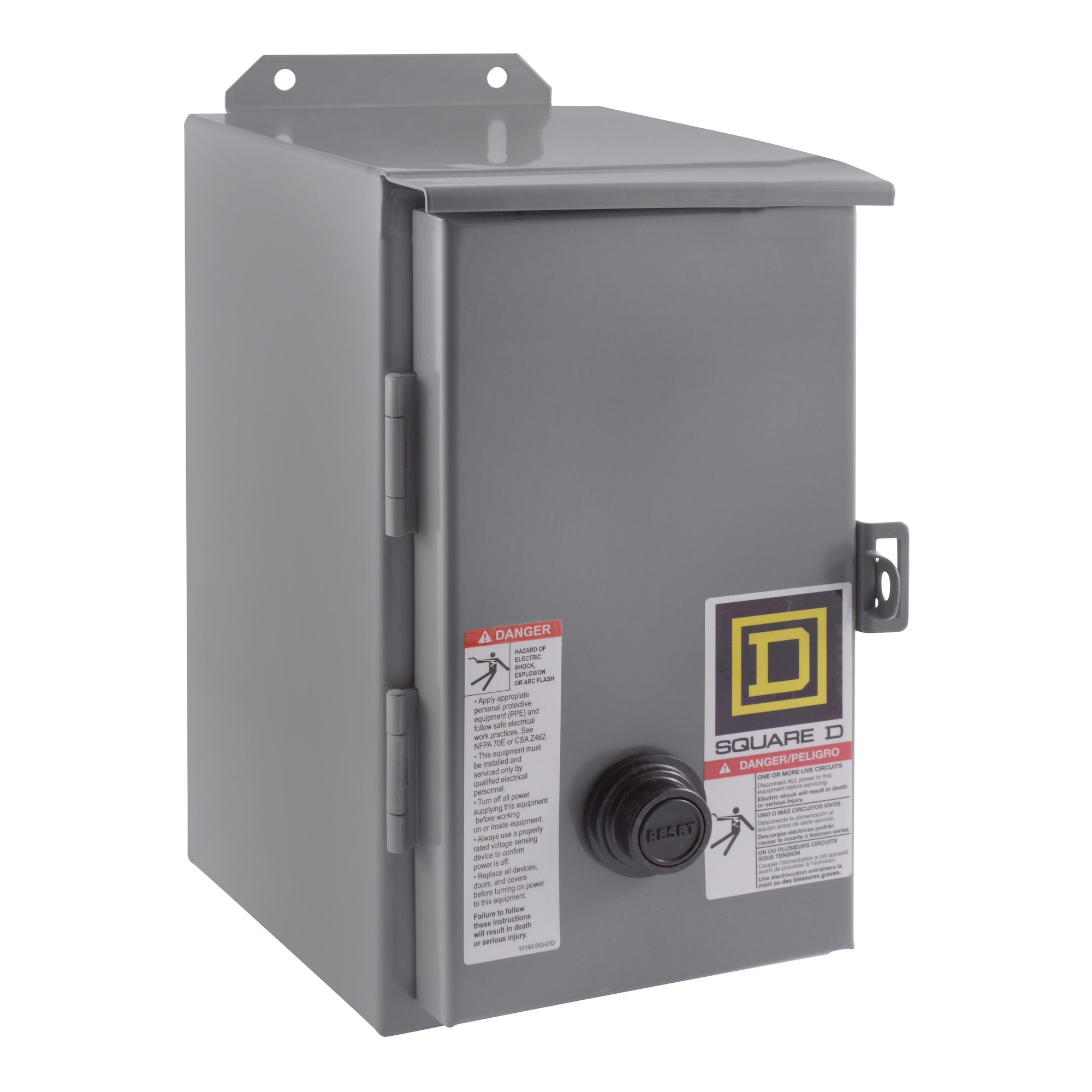 NEMA Motor Starter, Type S, nonreversing, Size 0, 18A, 5 HP at 460 VAC, 5 kA SCCR, 3 phase, 3 pole, melting alloy, 240 VAC coil, NEMA 12