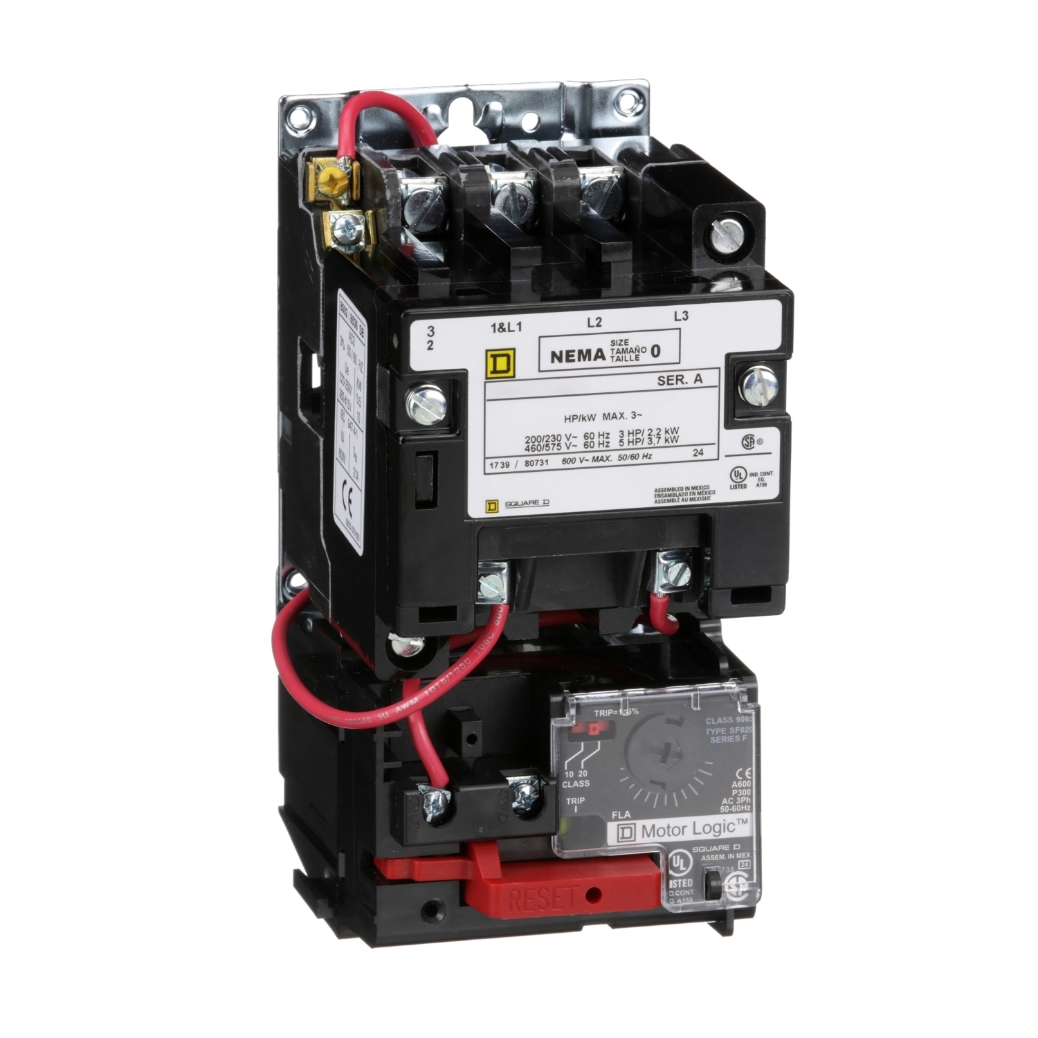 NEMA Motor Starter, Type S, nonreversing, Size 0, 18A, 5 HP at 460 VAC, up to 100 kA SCCR, 3 phase, 3 pole, Motor Logic, 120 VAC coil, open [TAA]