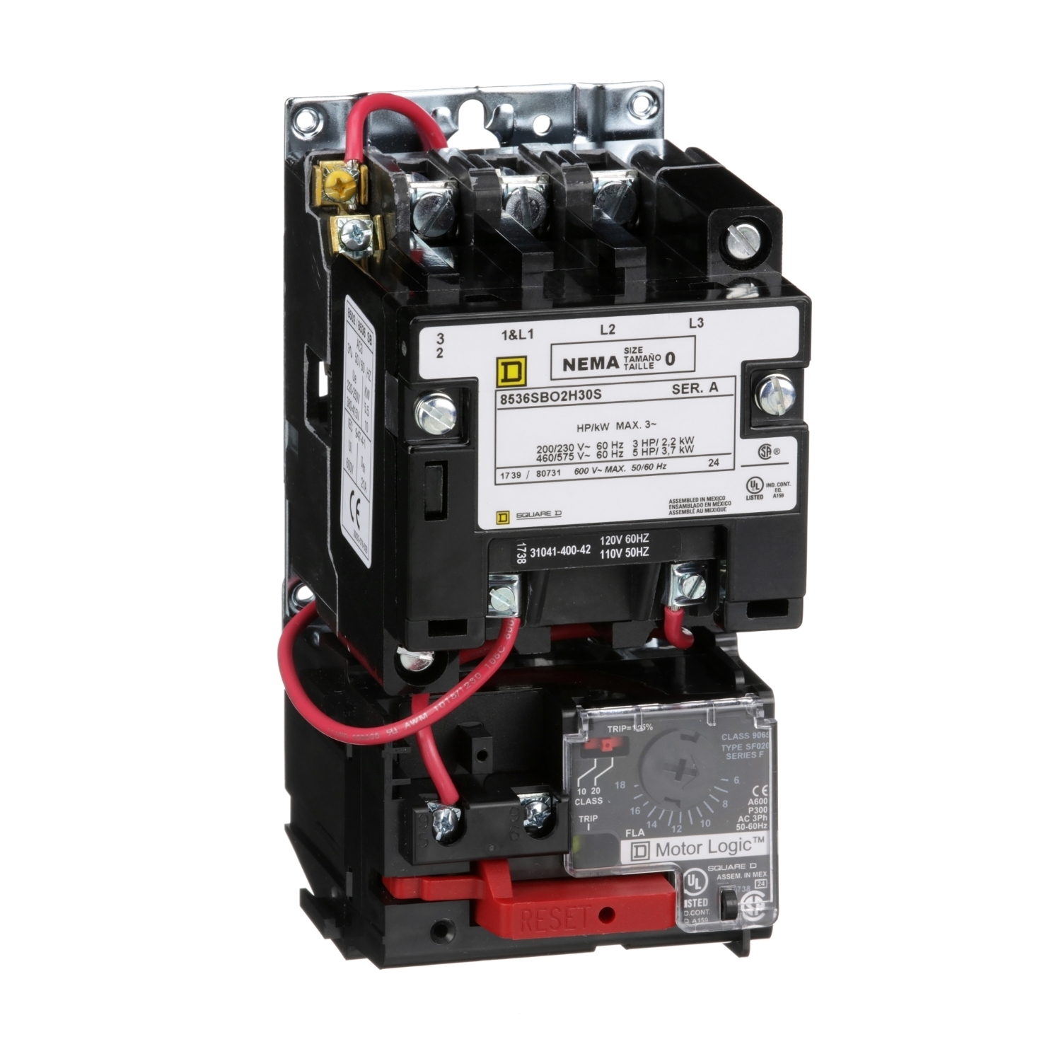 NEMA motor starter, Type S, nonreversing, Size 0, 18A, 5HP at 460VAC, up to 100kA SCCR, 3 phase, 3 pole, Motor Logic, 120VAC coil, open [TAA]