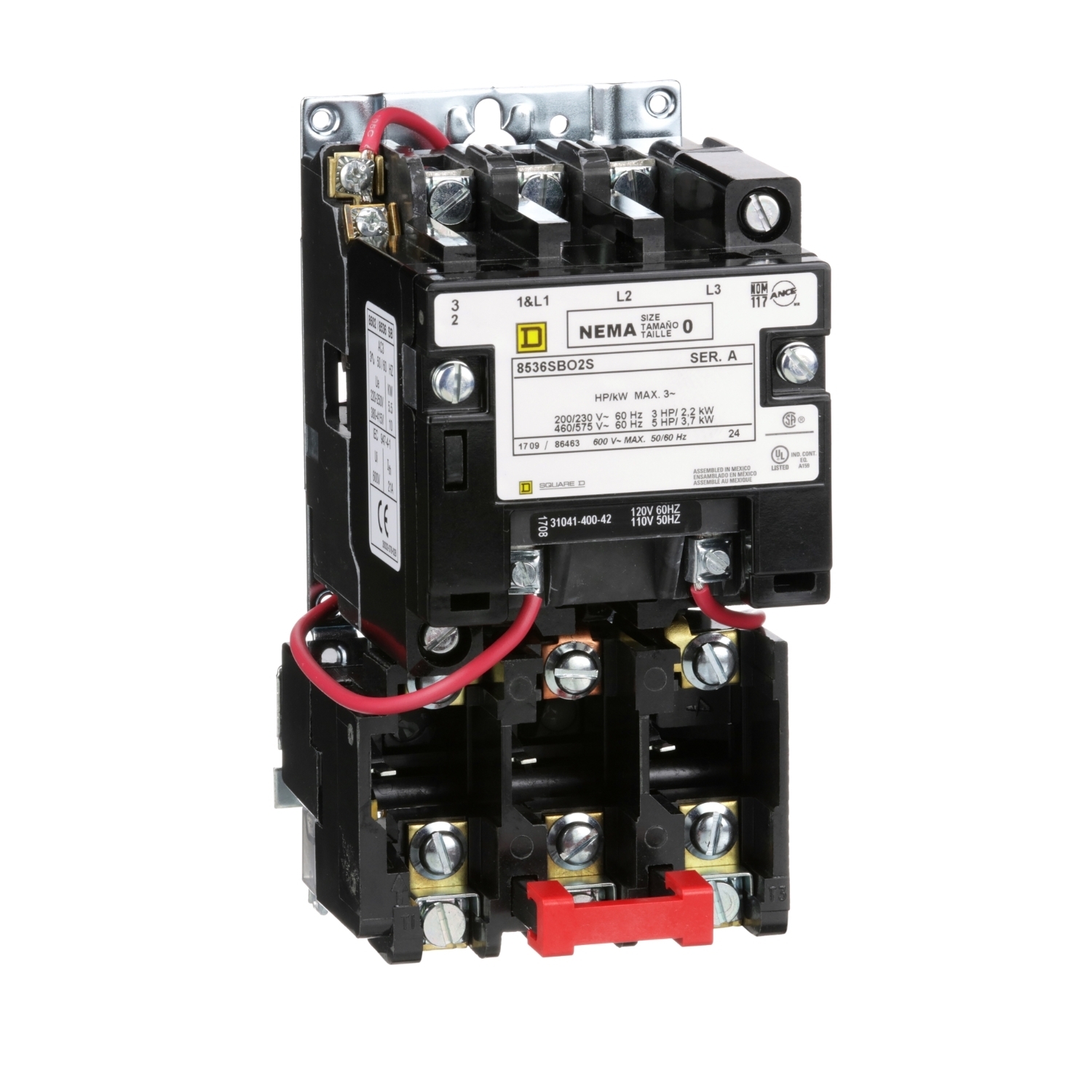 NEMA motor starter, Type S, nonreversing, Size 0, 18A, 5HP at 460VAC, 5kA SCCR, 3 phase, 3 pole, melting alloy, 120VAC coil, open [TAA]