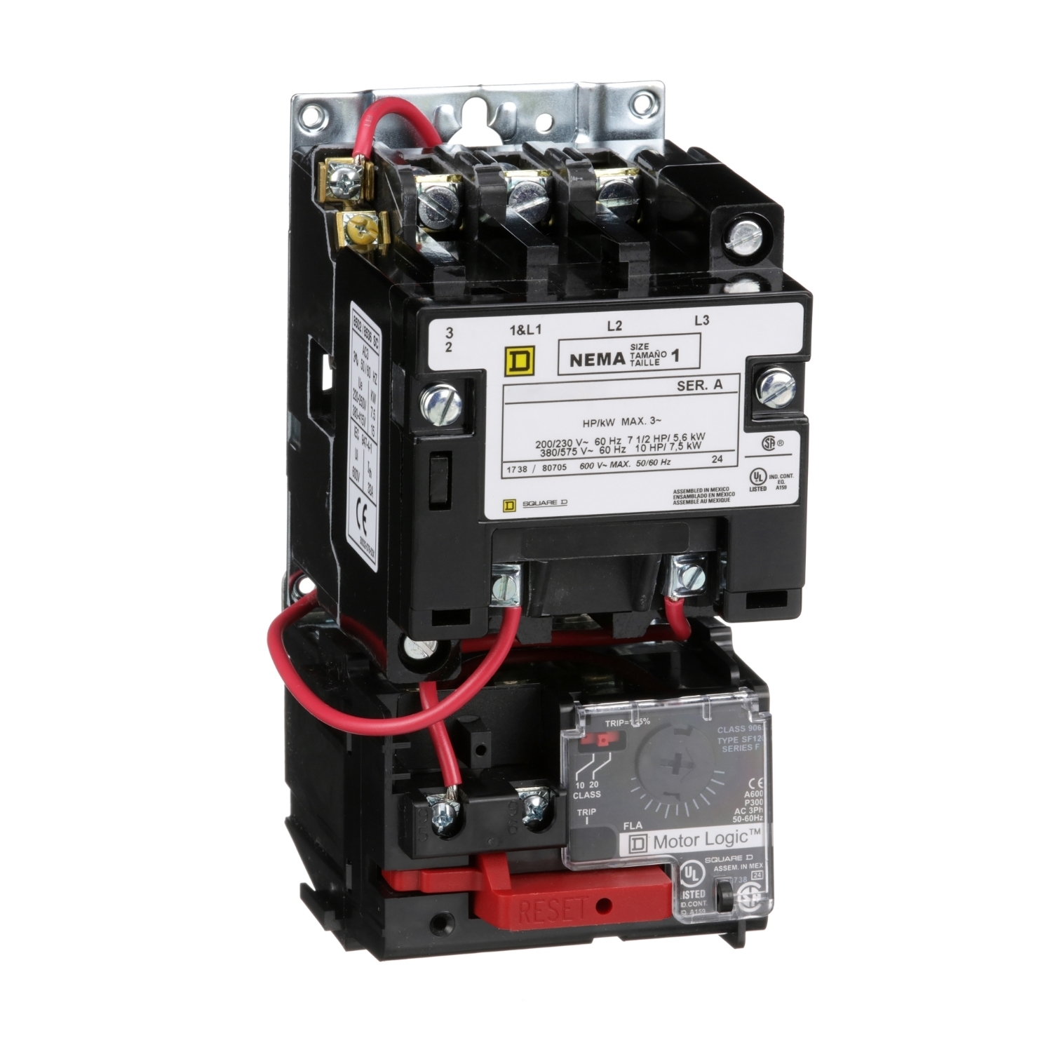 NEMA motor starter, Type S, nonreversing, Size 1, 27A, 10HP at 460VAC, up to 100kA SCCR, 3 phase, 3 pole, Motor Logic, 120VAC coil, open [TAA]
