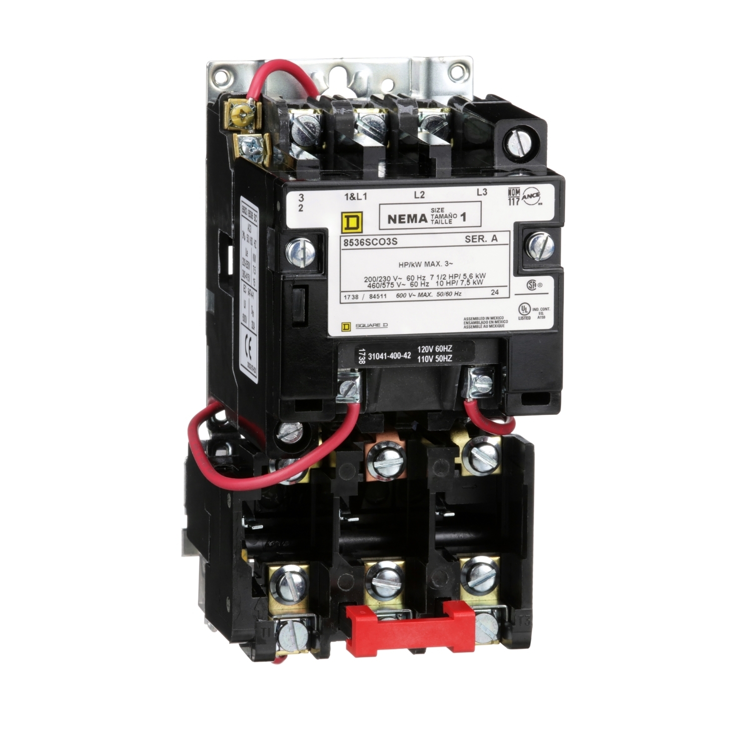 NEMA motor starter, Type S, nonreversing, Size 1, 27A, 10HP at 460VAC, 5kA SCCR, 3 phase, 3 pole, melting alloy, 120VAC coil, open [TAA]