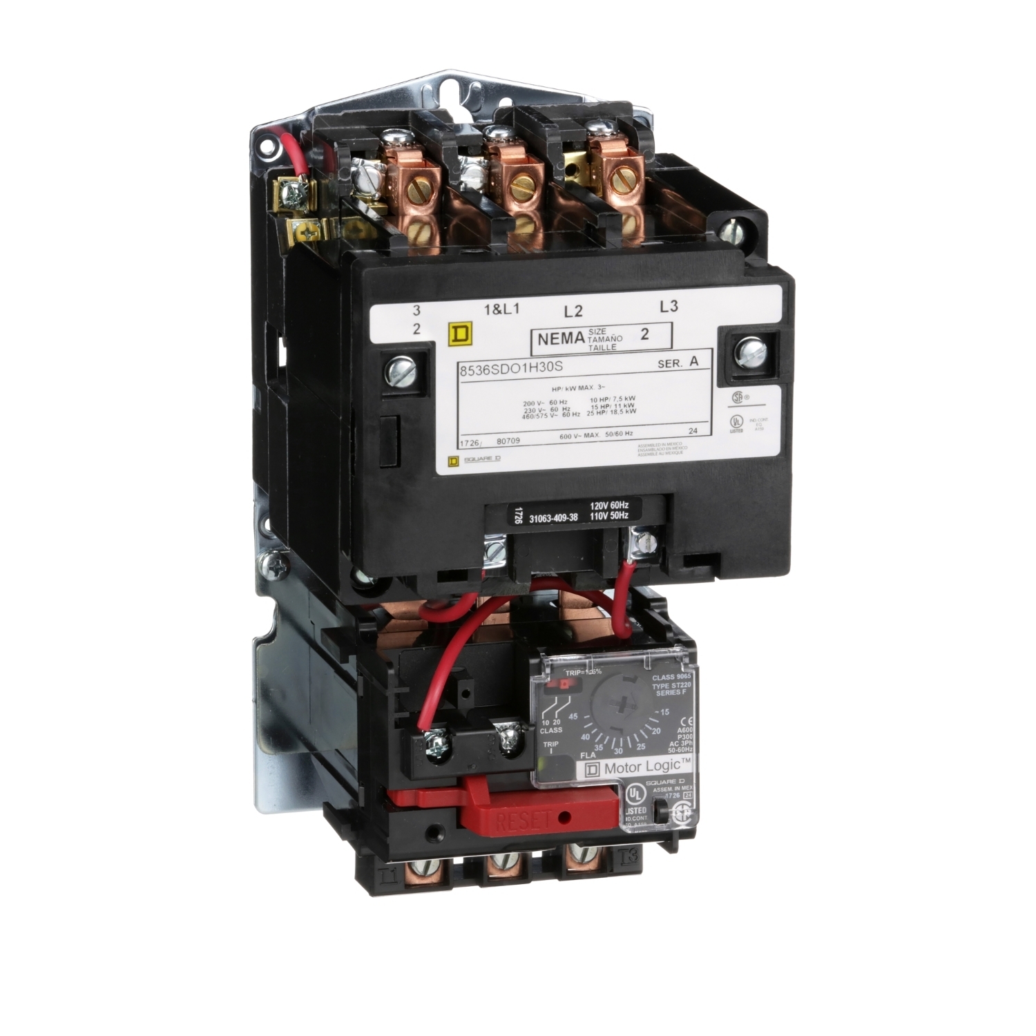 NEMA motor starter, Type S, nonreversing, Size 2, 45A, 25HP at 460VAC, up to 100kA SCCR, 3 phase, 3 pole, Motor Logic, 120VAC coil, open [TAA]