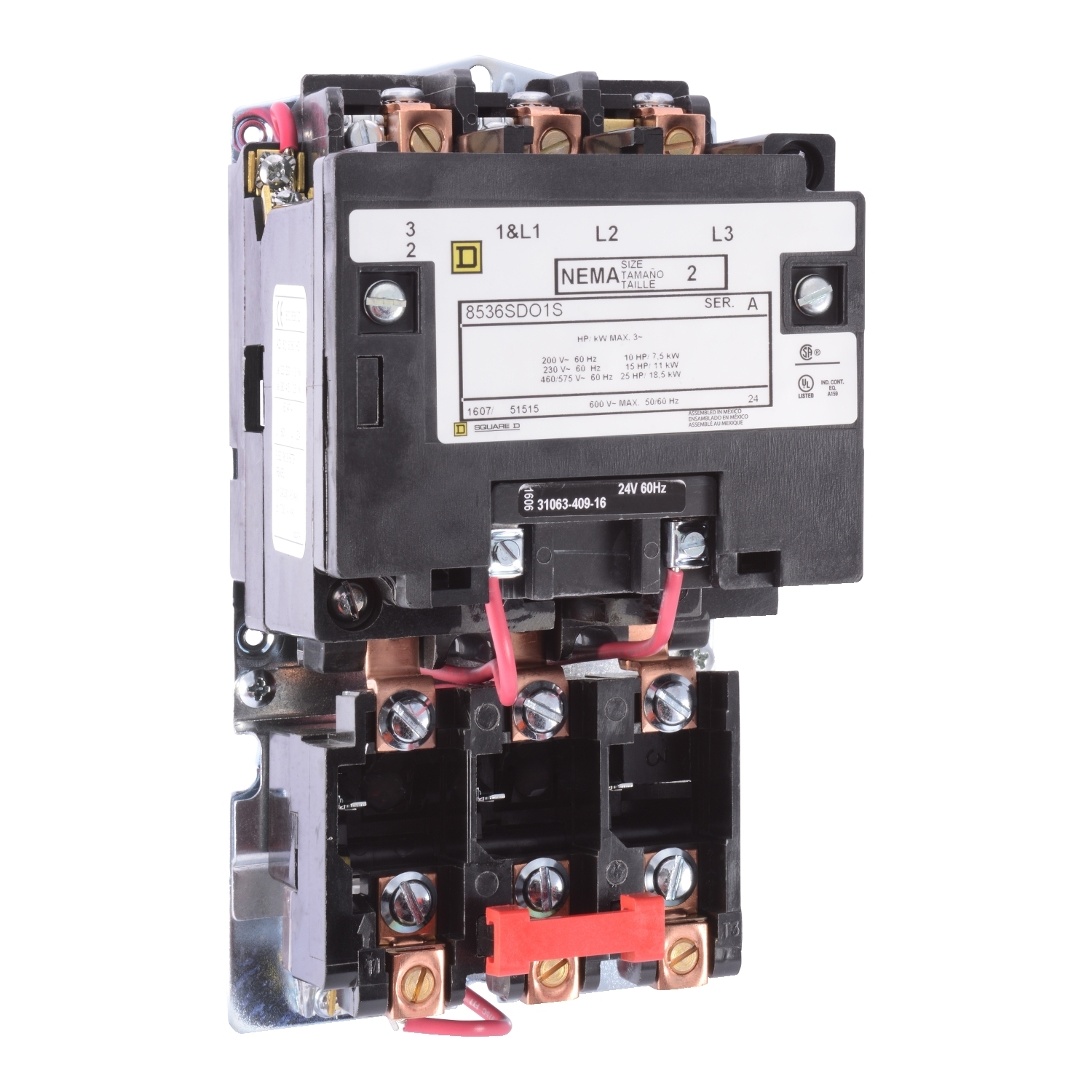 NEMA motor starter, Type S, nonreversing, Size 2, 45A, 25HP at 460VAC, 5kA SCCR, 3 phase, 3 pole, melting alloy, 480VAC coil, open [TAA]