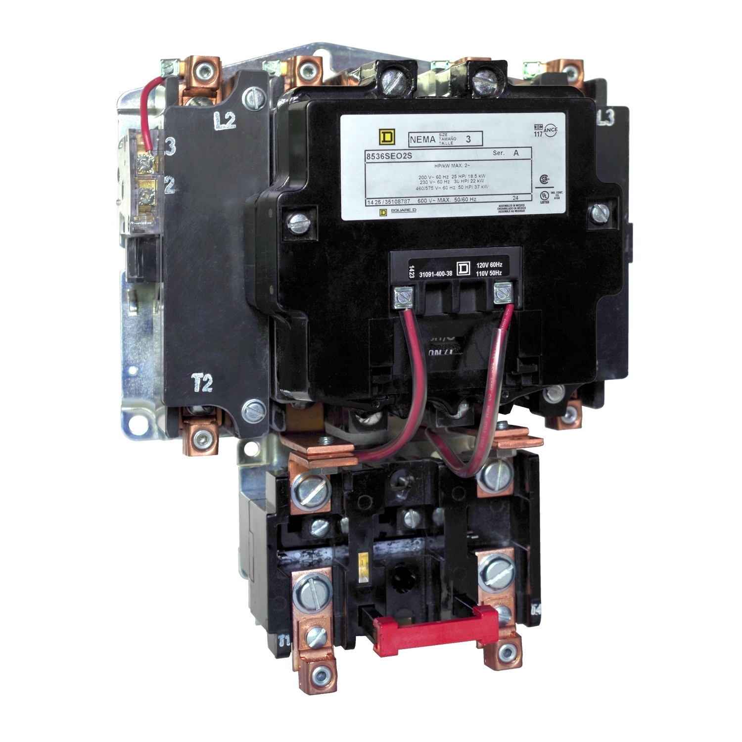 NEMA motor starter, Type S, nonreversing, Size 3, 90A, 50HP at 460VAC, 5kA SCCR, 3 phase, 3 pole, melting alloy, 240VAC coil, open [TAA]