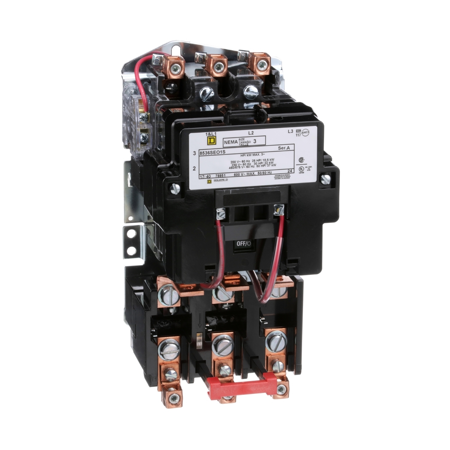 NEMA motor starter, Type S, nonreversing, Size 3, 90A, 50HP at 460VAC, 5kA SCCR, 3 phase, 3 pole, melting alloy, 480VAC coil, open [TAA]