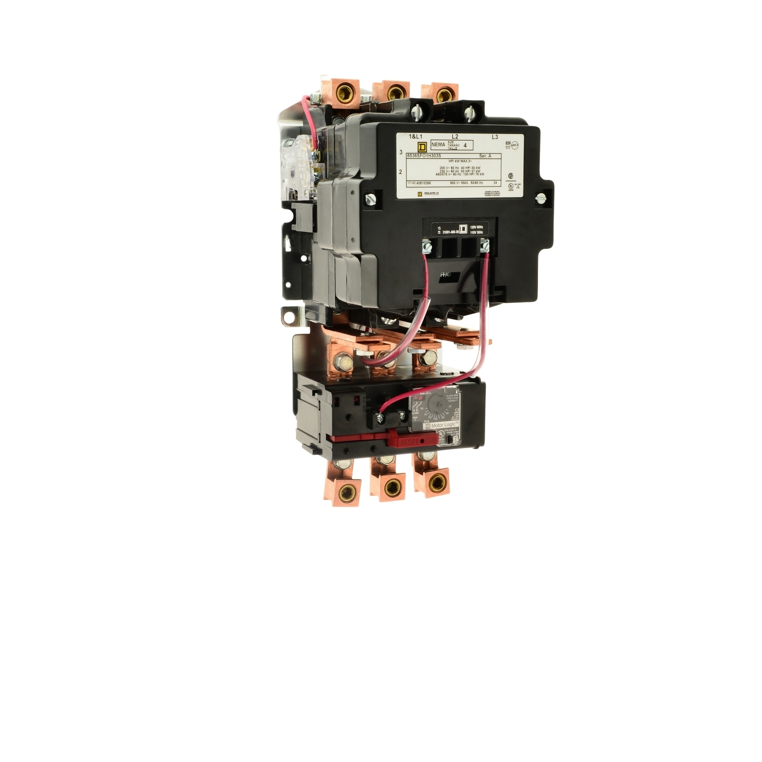 NEMA motor starter, Type S, nonreversing, Size 4, 135A, 100HP at 460VAC, 10kA SSCR, 3 phase, 3 pole, melting alloy, 120VAC coil, NEMA 1 [TAA]