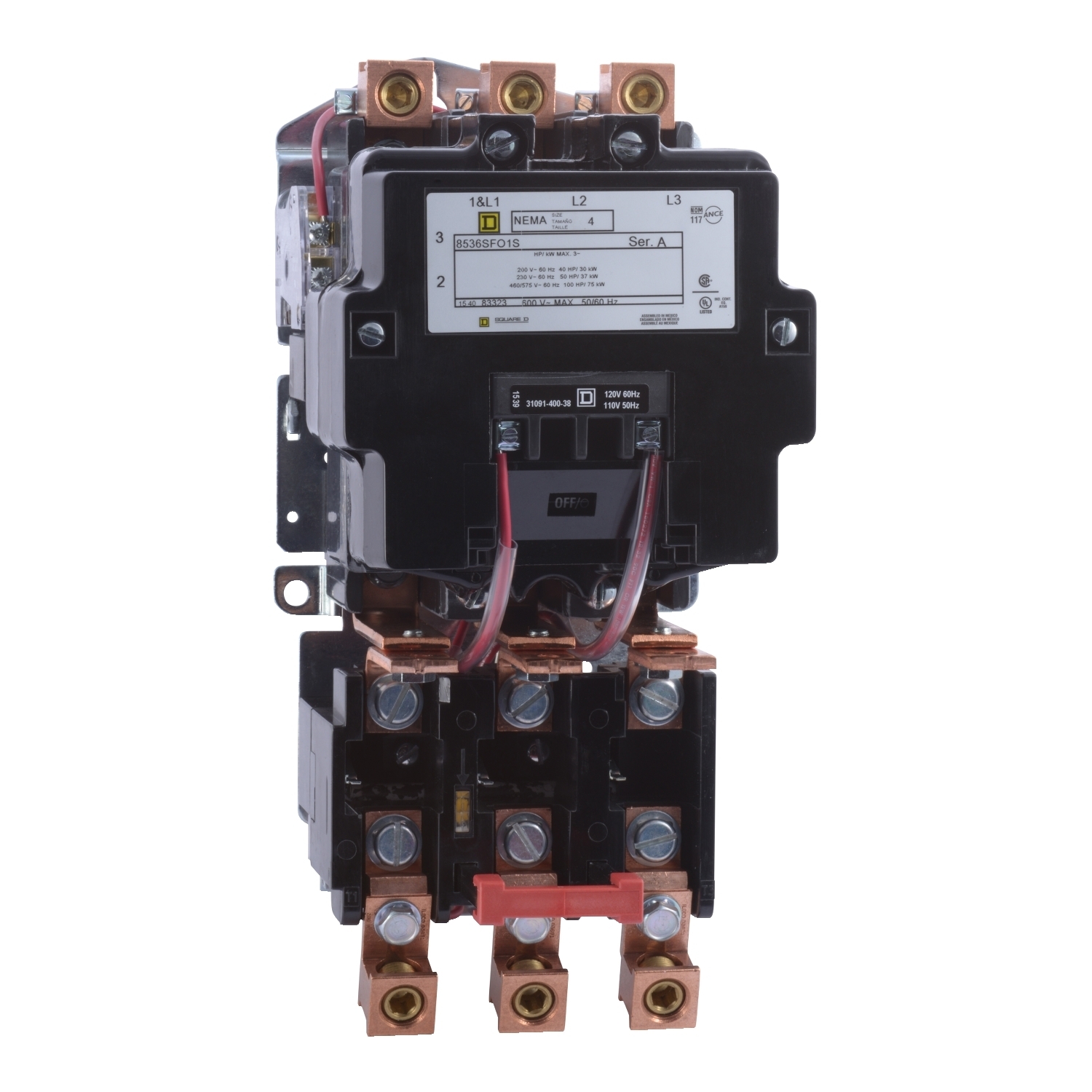 NEMA motor starter, Type S, nonreversing, Size 4, 135A, 100HP at 460VAC, 10kA SSCR, 3 phase, 3 pole, melting alloy, 480VAC coil, open [TAA]