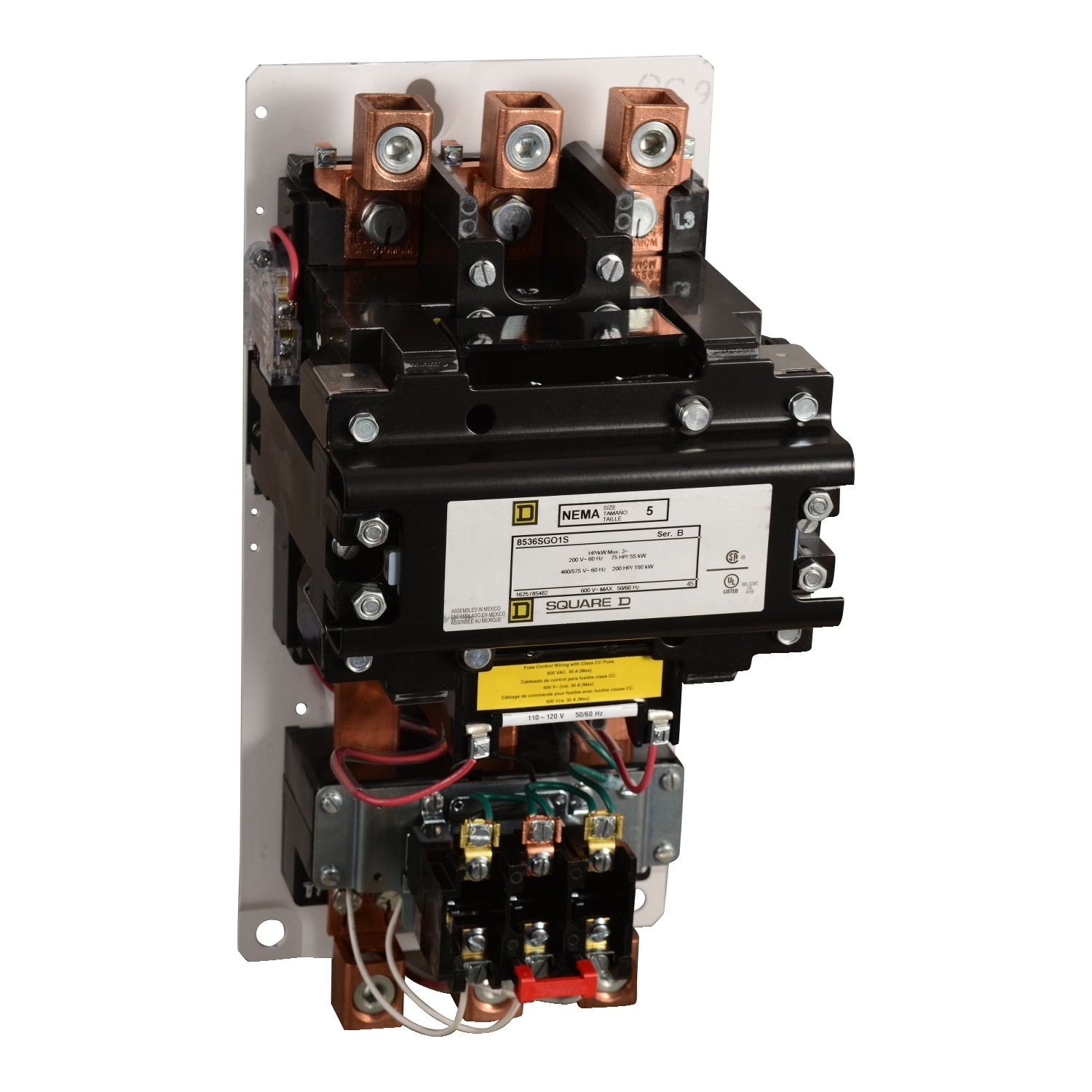 NEMA motor starter, Type S, nonreversing, Size 5, 270A, 200HP at 460VAC, 10kA SSCR, 3 phase, 3 pole, melting alloy, 120VAC coil, open [TAA]