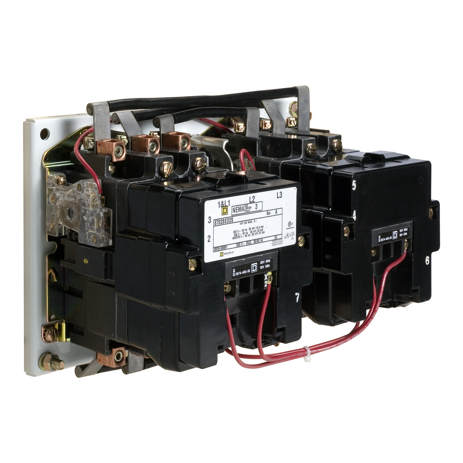 NEMA Contactor, Type S, reversing, horizontal, Size 4, 135A, 100HP at 575VAC, 3 phase, up to 100kA, 3 pole, 120VAC coil, open style
