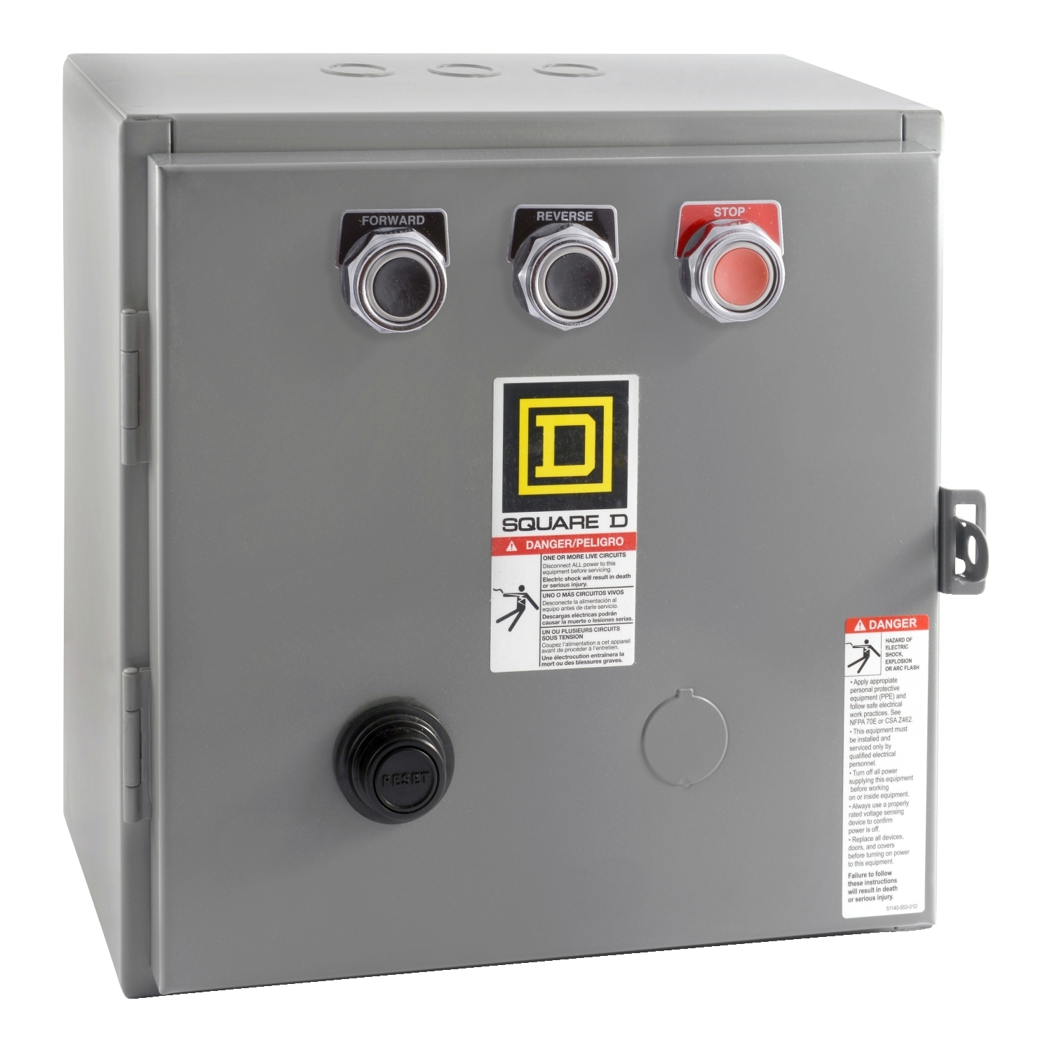 NEMA Starter, Type S, reversing, horizontal, Size 0, 18A, 5HP at 575VAC, 5kA SSCR, 3 phase, 3 pole, melting alloy overload, 120VAC coil, NEMA 1 [TAA]