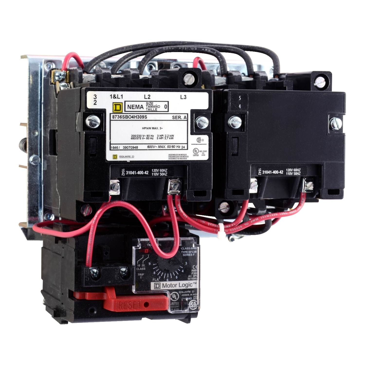 NEMA Starter, Type S, reversing, horizontal, Size 0, 18A, 5 HP at 575 VAC, up to 100 kA SCCR, 3 phase, 3 pole, Motor Logic SSOLR, 120 VAC coil, open [TAA]