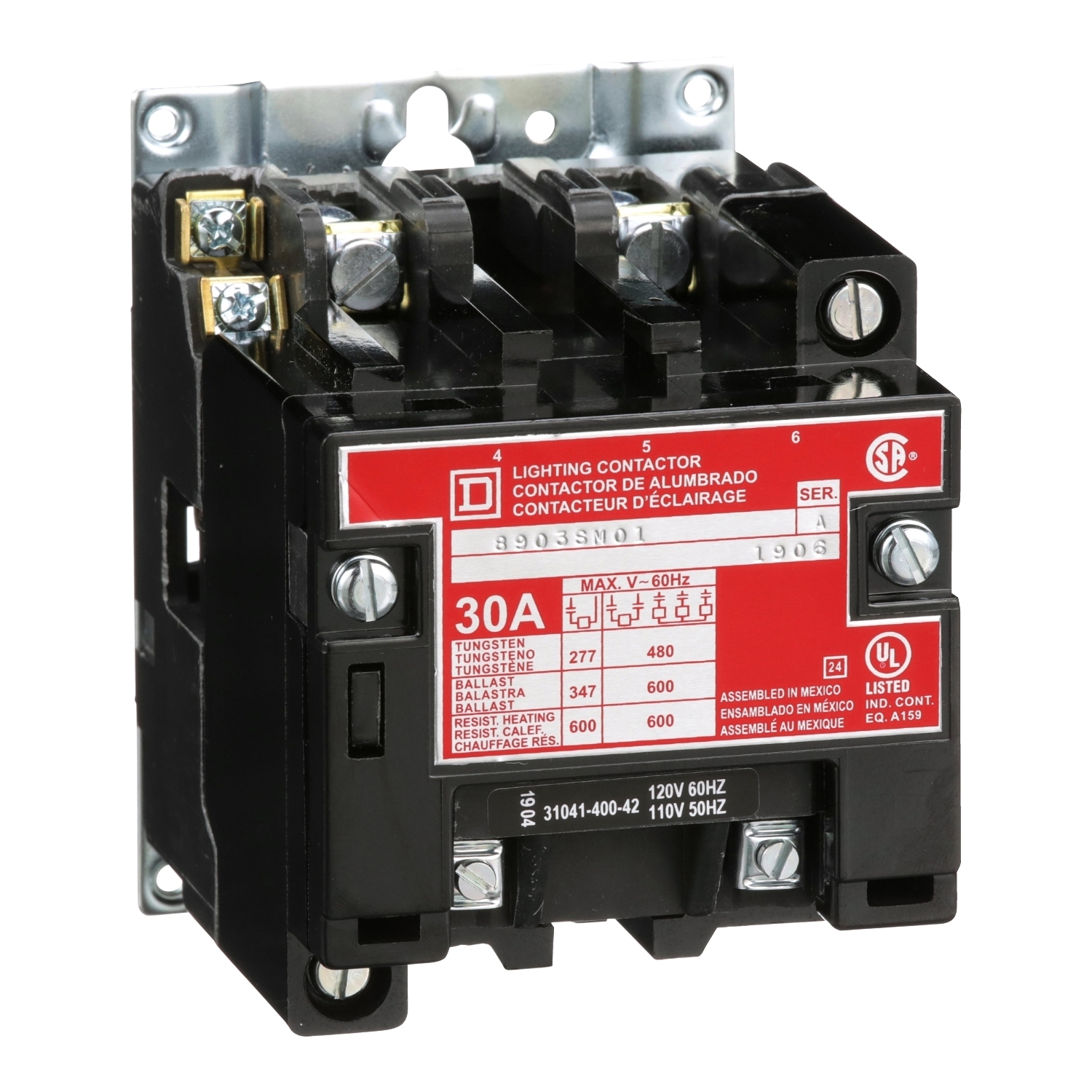 Contactor, Type S, multipole lighting, electrically held, 30A, 2 pole, 110/120VAC 50/60Hz coil, open style [TAA]