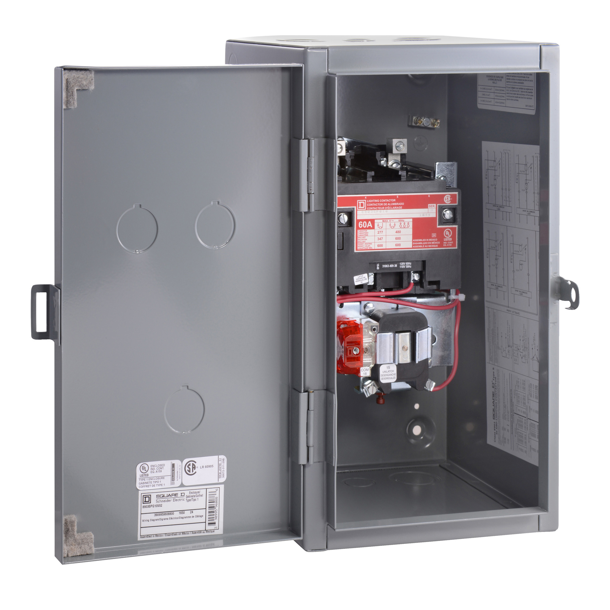Contactor, Type S, multipole lighting, mechanically held, 60A, 4 pole, 110/120 VAC 50/60 Hz coil, NEMA 1