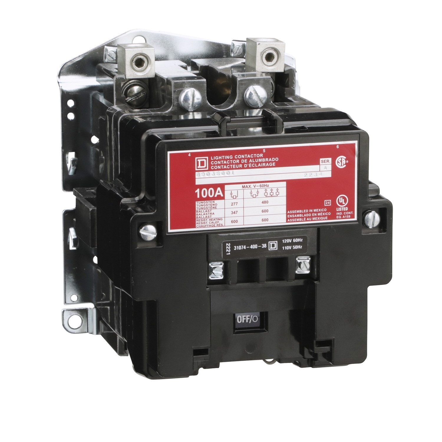 Contactor, Type S, multipole lighting, electrically held, 100A, 2 pole, 220/240VAC 50/60Hz coil, open style [TAA]