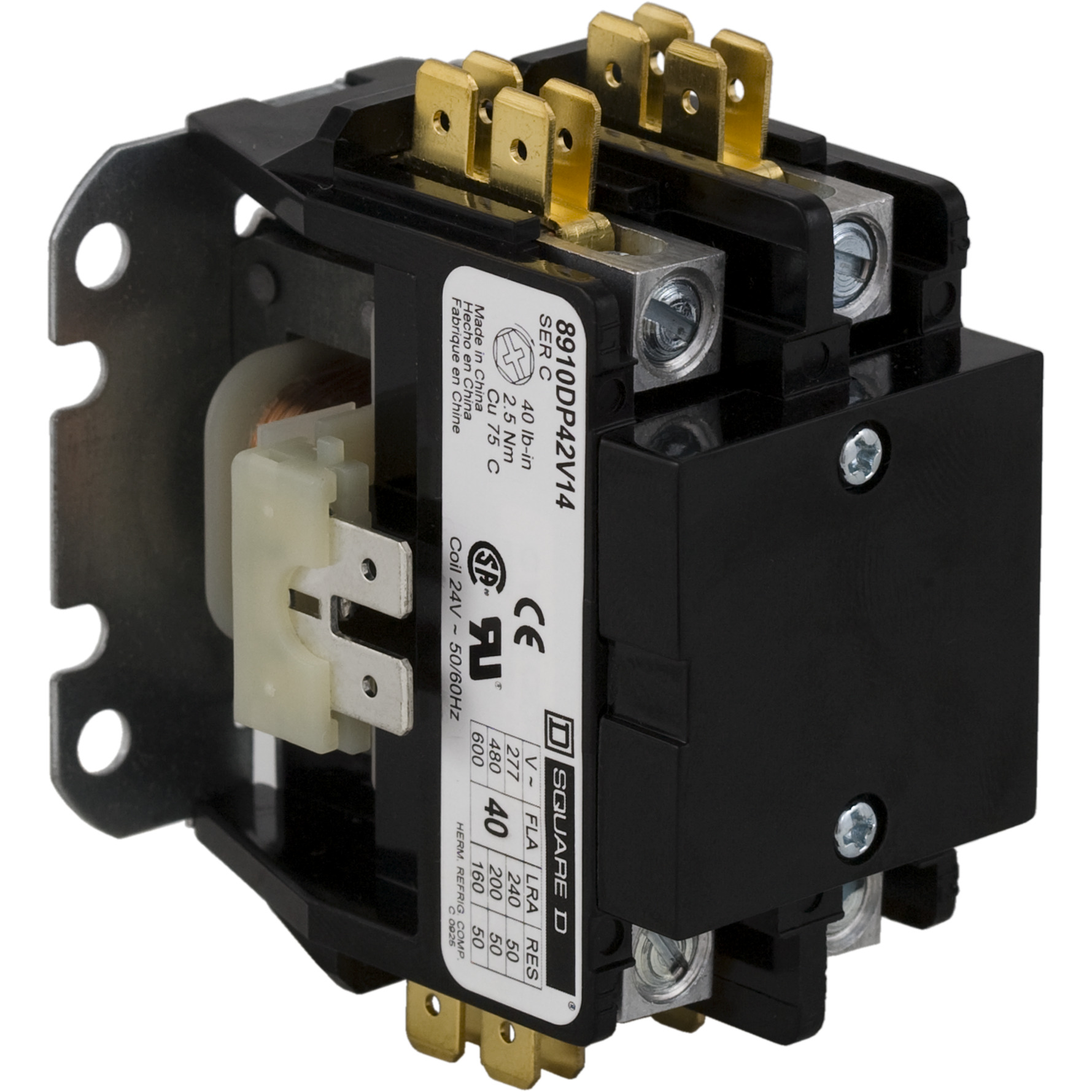Square D,CONTACTOR 600VAC 25AMP DP +OPTIONS,1 NO,1-Phase,1P,24 V AC 50/60 Hz,DP,Definite Purpose Contactor,Ideal for heating, air conditioning, refrigeration, data processing and food service equipment.,Panel,Quick Connect/Binder Head Screw,UL Recognized - CSA Certified - CE Marked