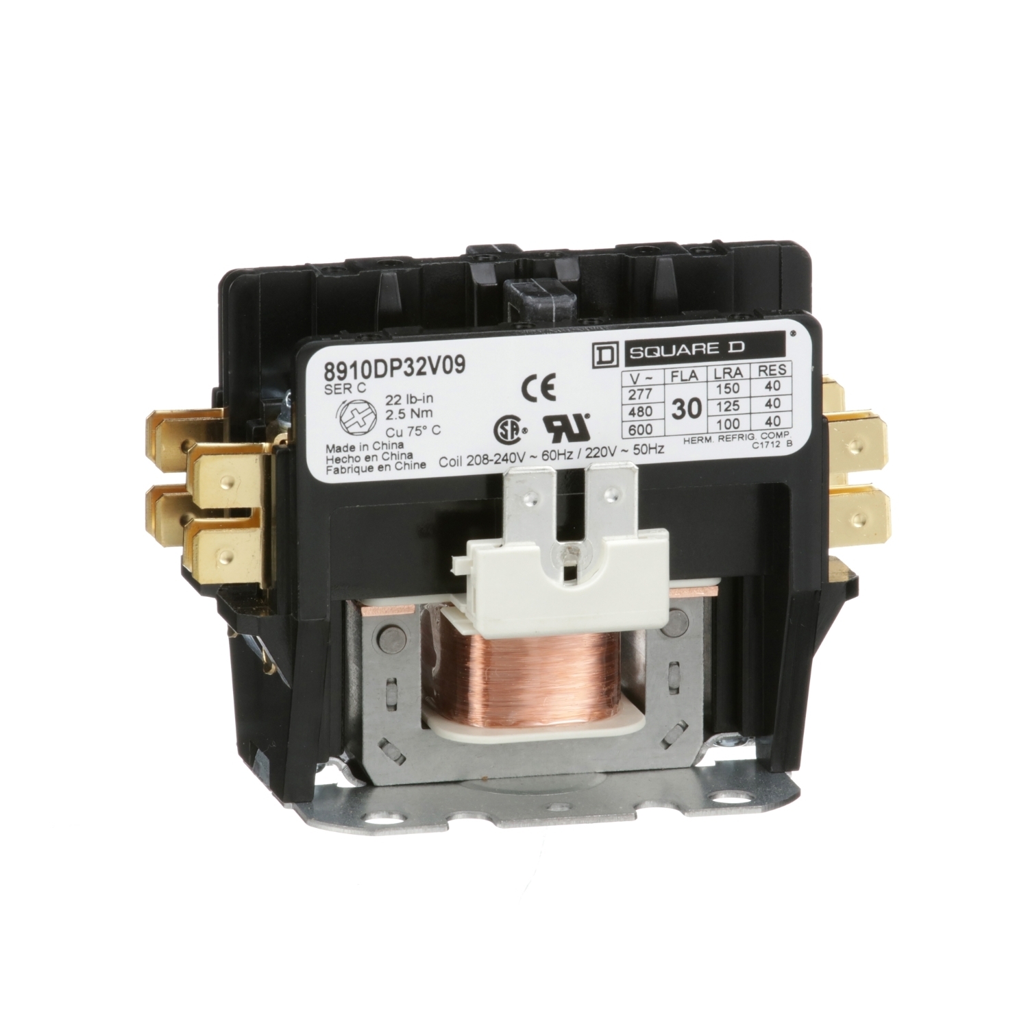 Contactor, Definite Purpose, 30A, 2 pole, 208/240VAC coil at 60Hz, 220VAC 50Hz coil, open