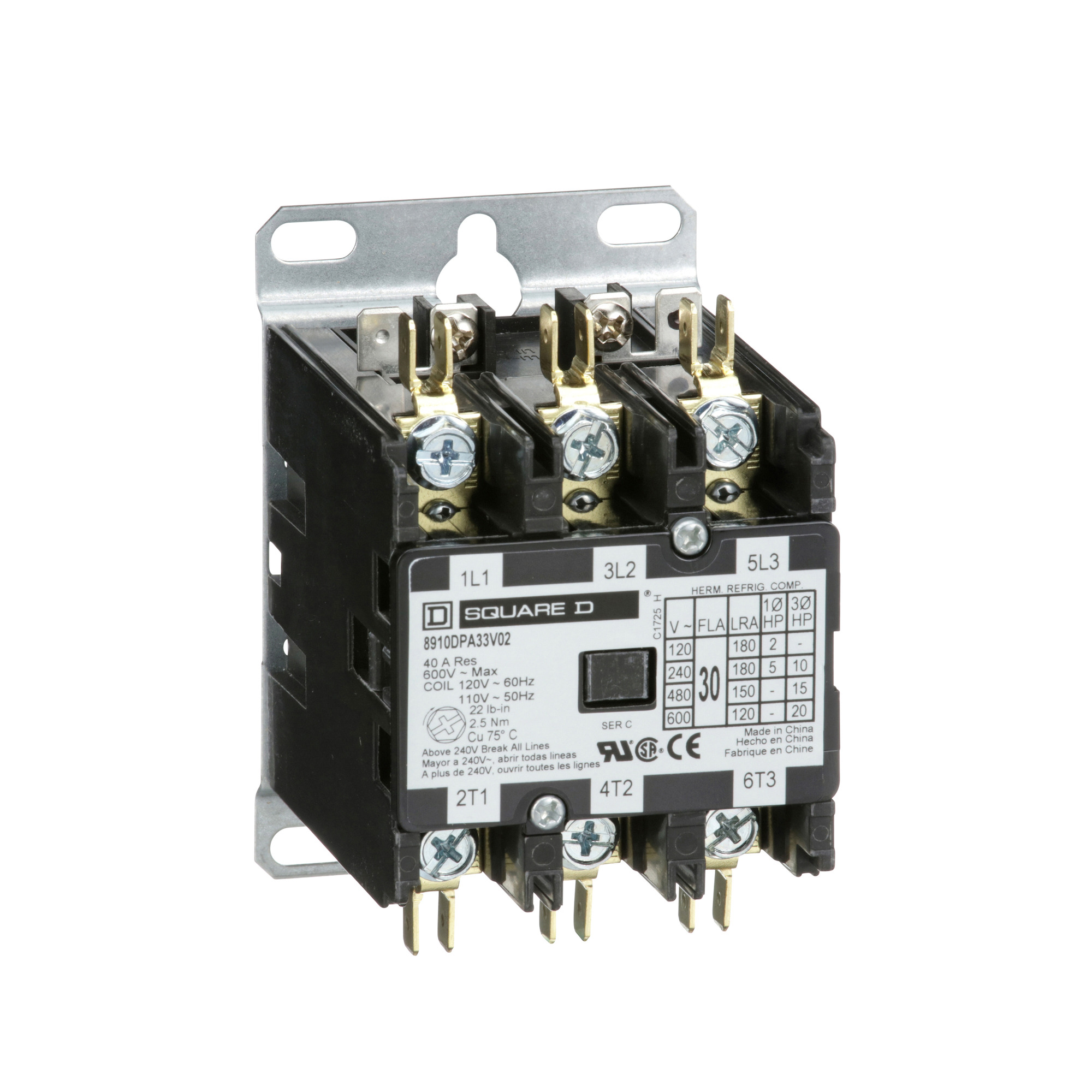 Square D,CONTACTOR 600VAC 20AMP DPA +OPTIONS,24 V AC 50/60 Hz,3 NO,3-Phase,3P,DPA,Definite Purpose Contactor,Ideal for heating, air conditioning, refrigeration, data processing and food service equipment.,Panel,Quick Connect/Binder Head Screw,UL Recognized - CSA Certified - CE Marked