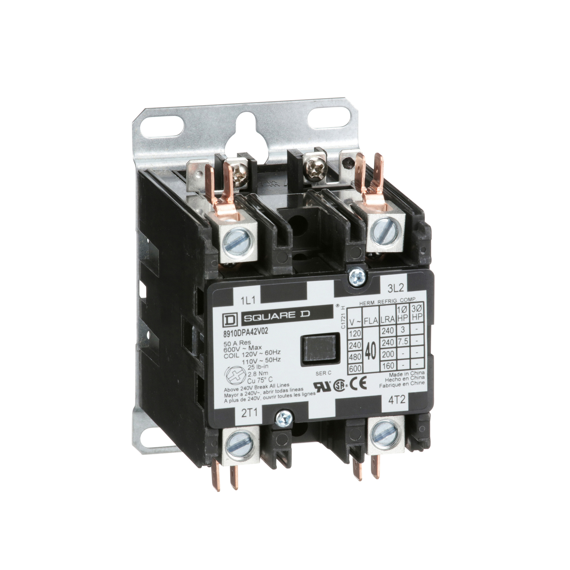 Square D,CONTACTOR 600VAC 25AMP DPA +OPTIONS,1-Phase,2 NO,24 V AC 50/60 Hz,2P,DPA,Definite Purpose Contactor,Ideal for heating, air conditioning, refrigeration, data processing and food service equipment.,Panel,Quick Connect/Binder Head Screw,UL Recognized - CSA Certified - CE Marked