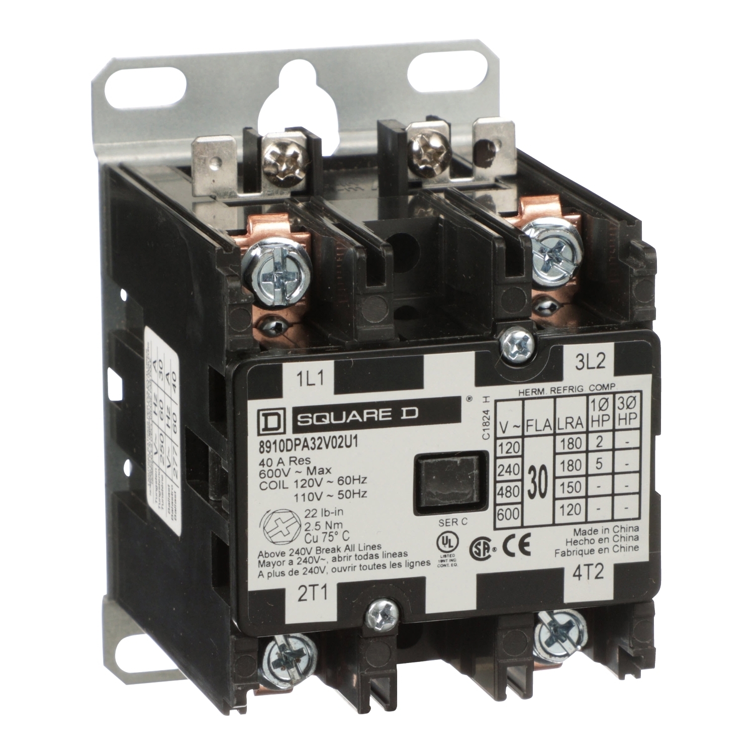 Contactor, Definite Purpose, 30A, 2 pole, 5HP at 230VAC, 1 phase, 110/120VAC 50/60Hz coil, open, UL Listed