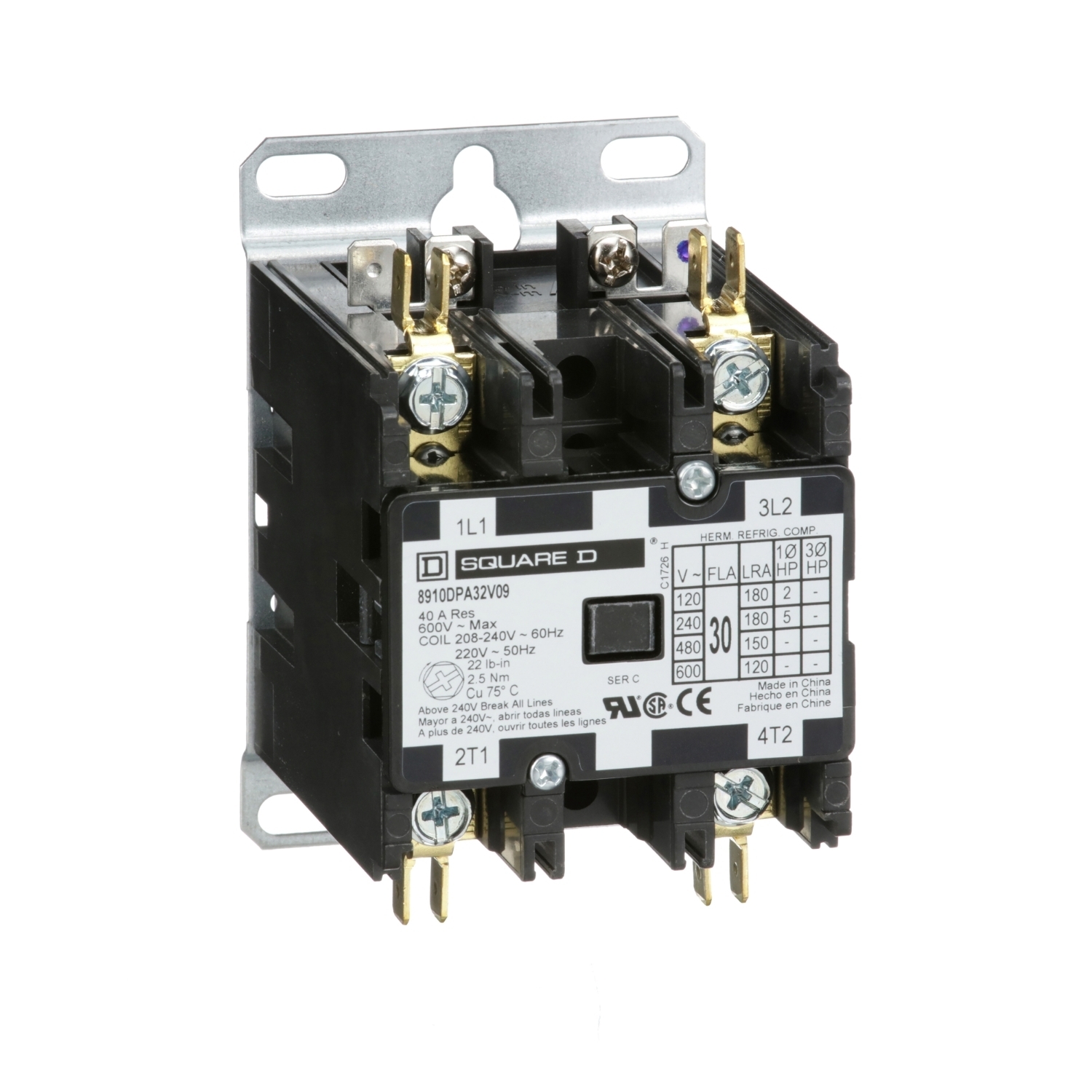 Contactor, Definite Purpose, 30A, 2 pole, 5HP at 230VAC, 1 phase, 208/240VAC 60Hz 220VAC 50Hz coil, open