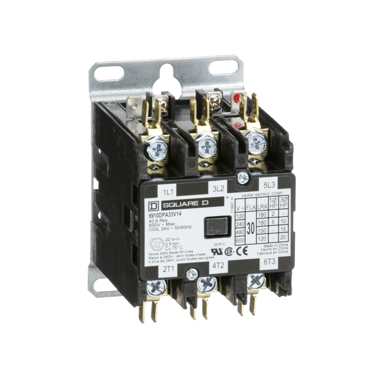 Contactor, Definite Purpose, 30A, 3 pole, 20HP at 575VAC, 3 phase, 24VAC 50/60Hz coil, open