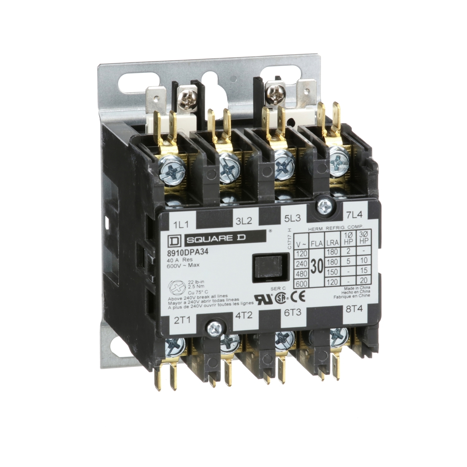 Contactor, Definite Purpose, 30A, 4 pole, 20HP at 575VAC, 3 phase, 277VAC 60Hz coil, open
