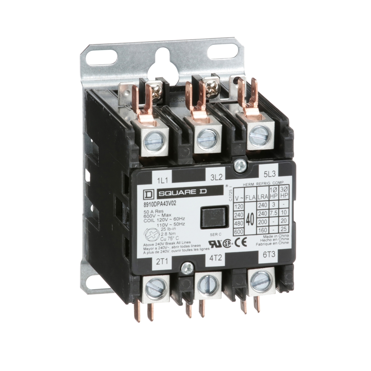 Contactor, Definite Purpose, 40A, 3 pole, 25HP at 575VAC, 3 phase, 110/120VAC 50/60Hz coil, open