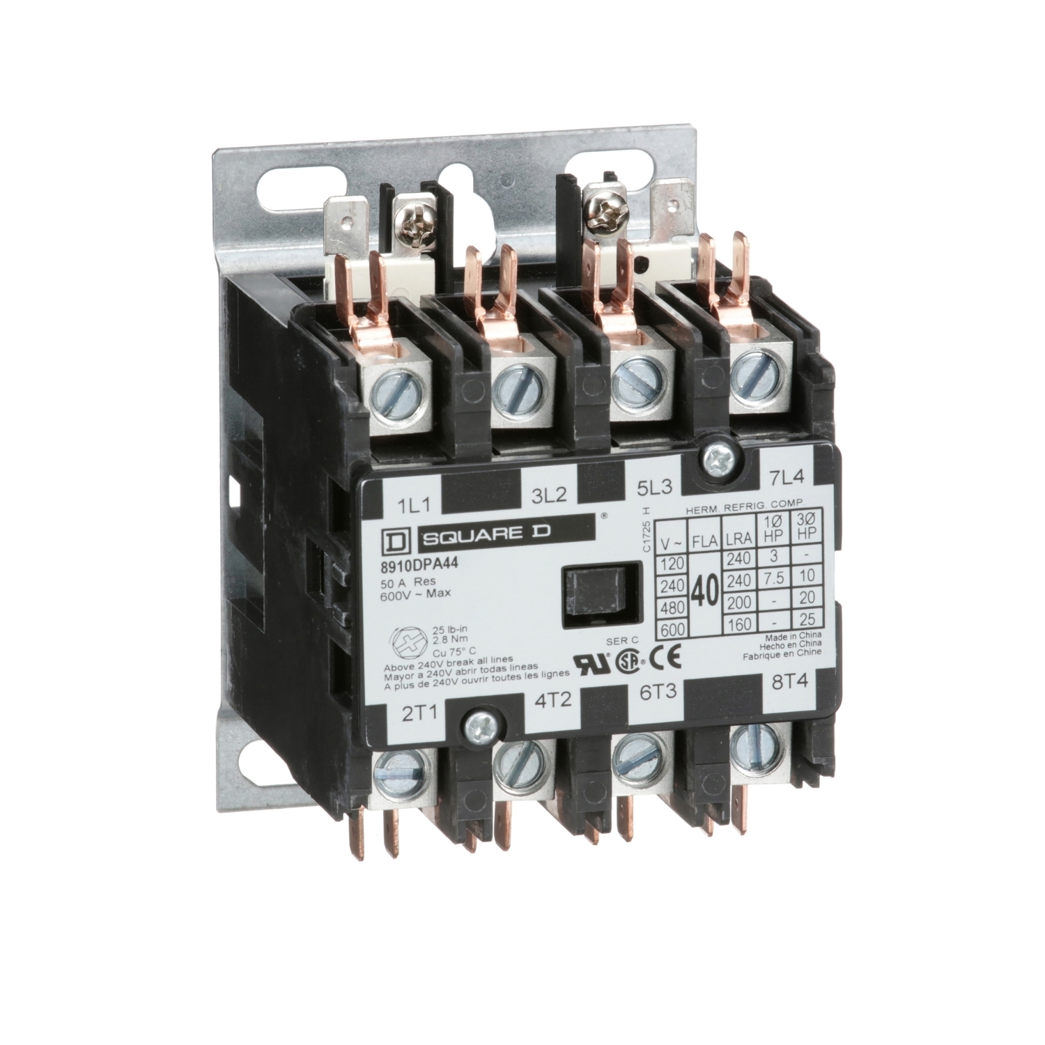 Contactor, Definite Purpose, 40A, 4 pole, 25HP at 575VAC, 3 phase, 277VAC 60Hz coil, open
