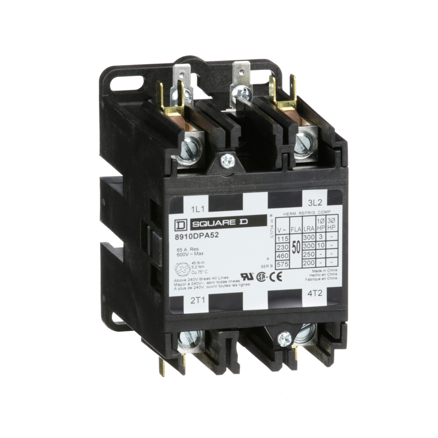Contactor, Definite Purpose, 50A, 2 pole, 10HP at 230VAC, 1 phase, 110/120VAC 50/60Hz coil, open
