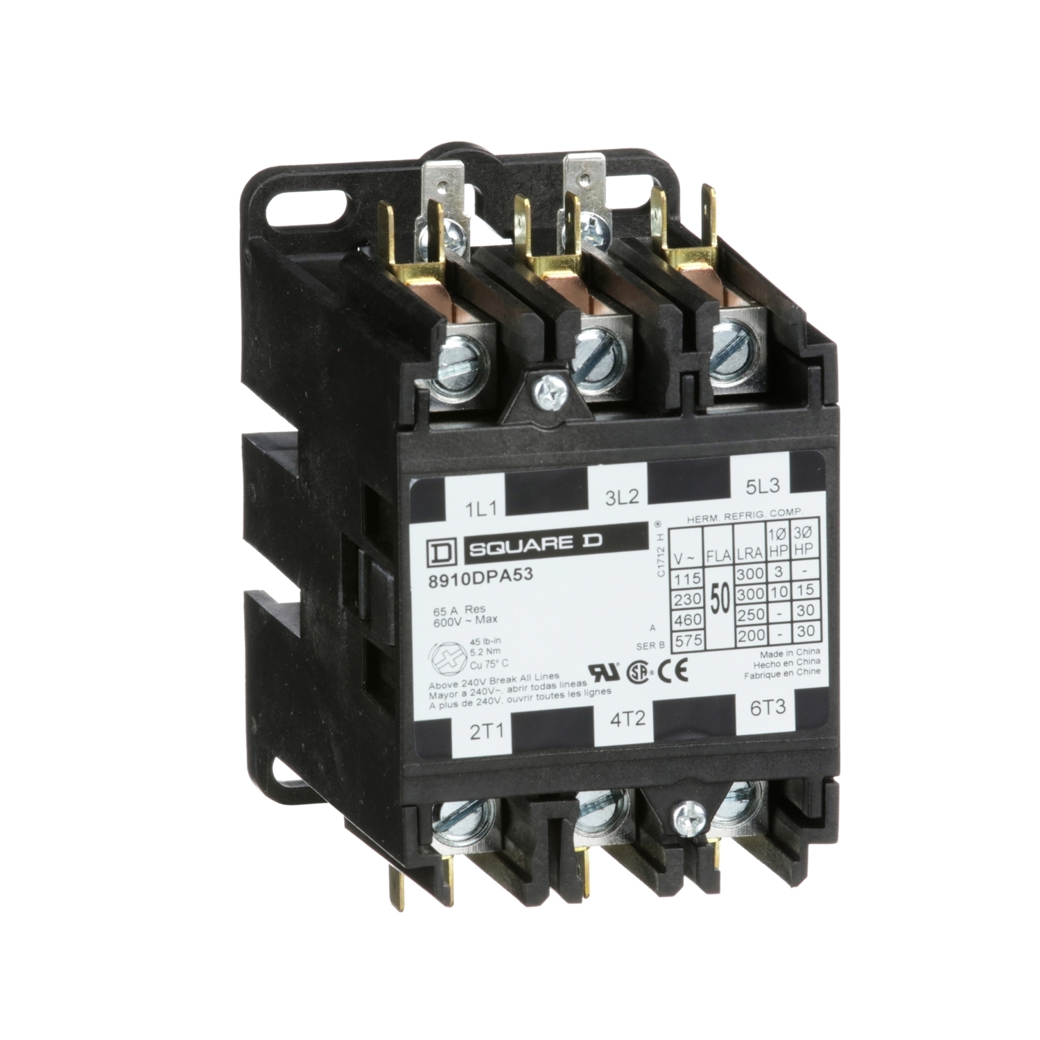 Contactor, Definite Purpose, 50A, 3 pole, 30HP at 575VAC, 3 phase, 110/120VAC 50/60Hz coil, open